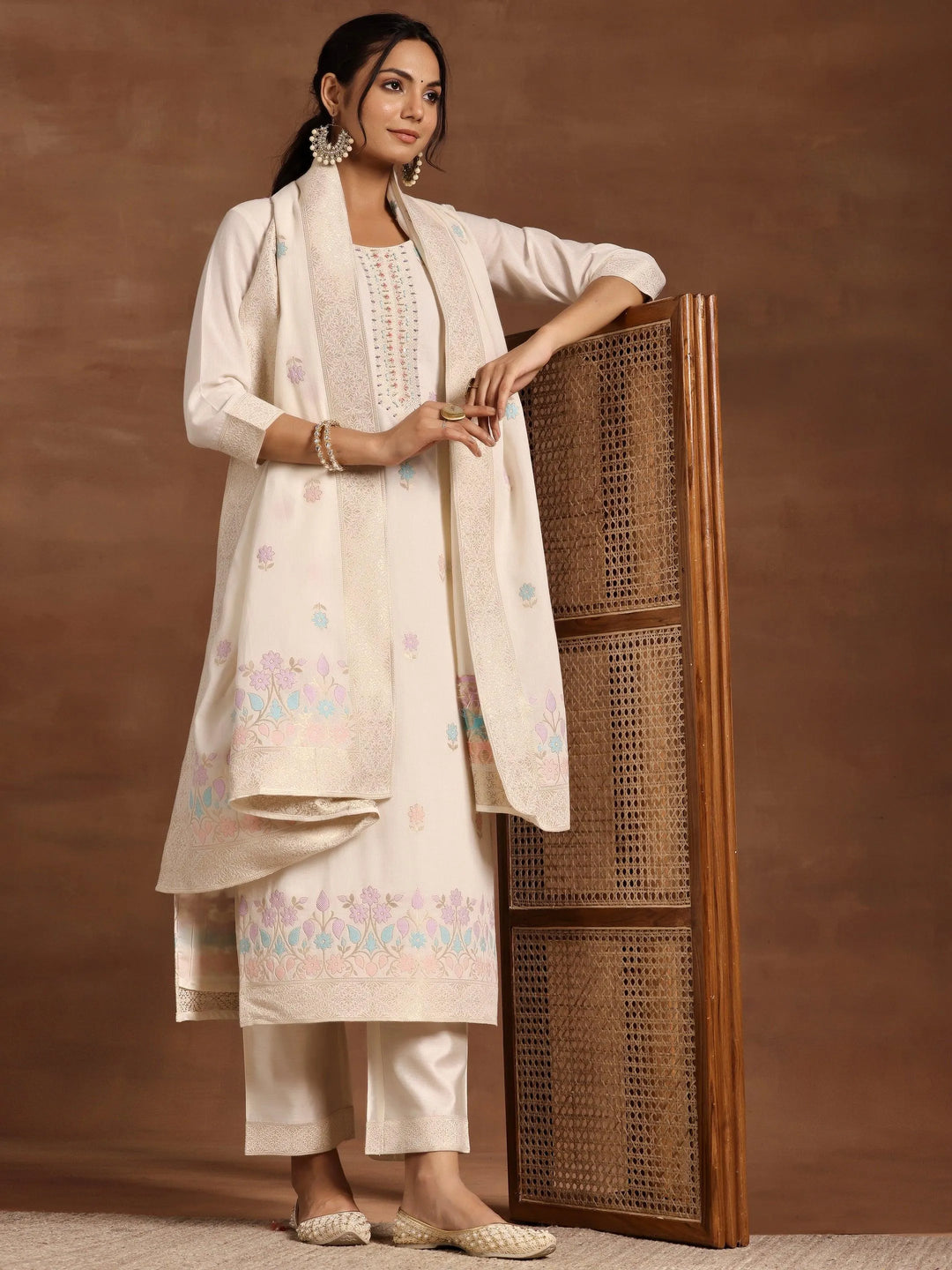 Off White Woven Design Linen Straight Suit With Dupatta - Libas