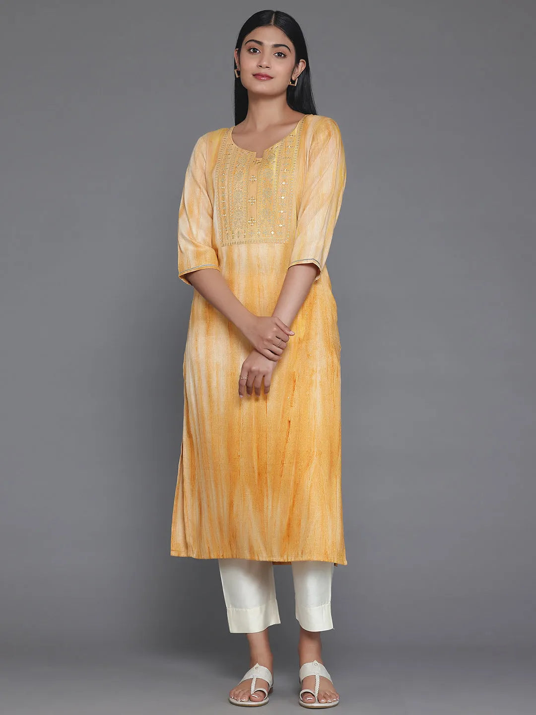 Yellow Yoke Design Cotton Straight Kurta