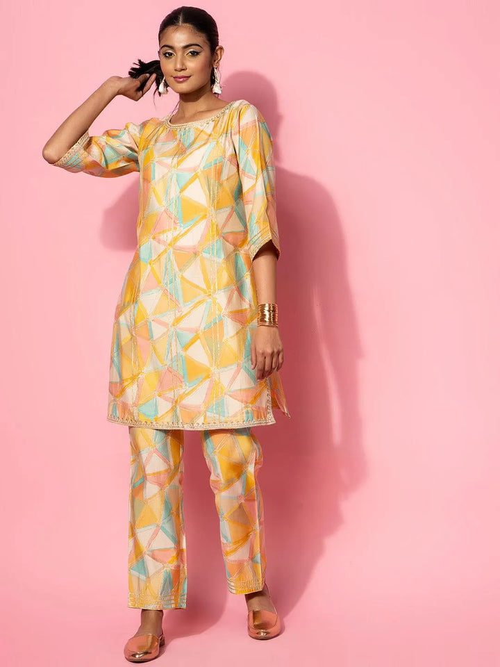 Yellow Printed Silk Blend Co-Ords - Libas