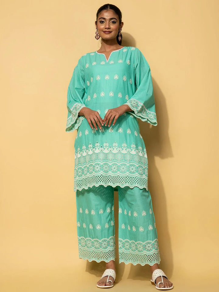 Green Embroidered Cotton Co-Ords - Libas