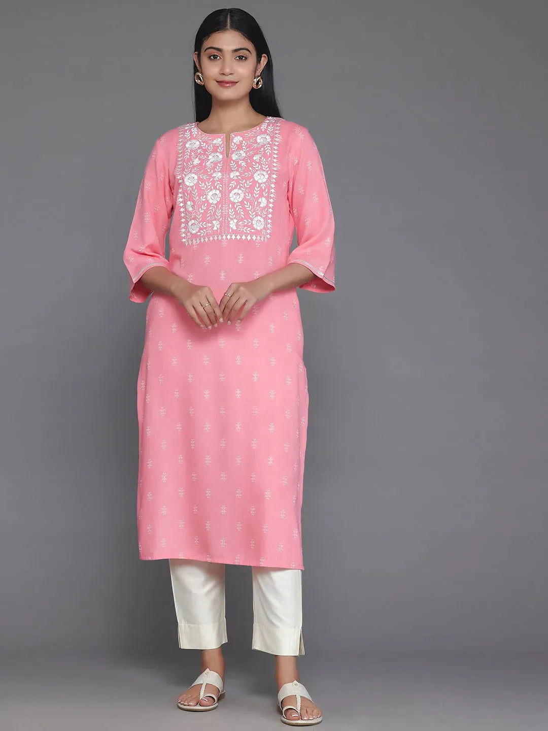 Buy Pink Yoke Design Rayon Straight Kurta Online at Libas