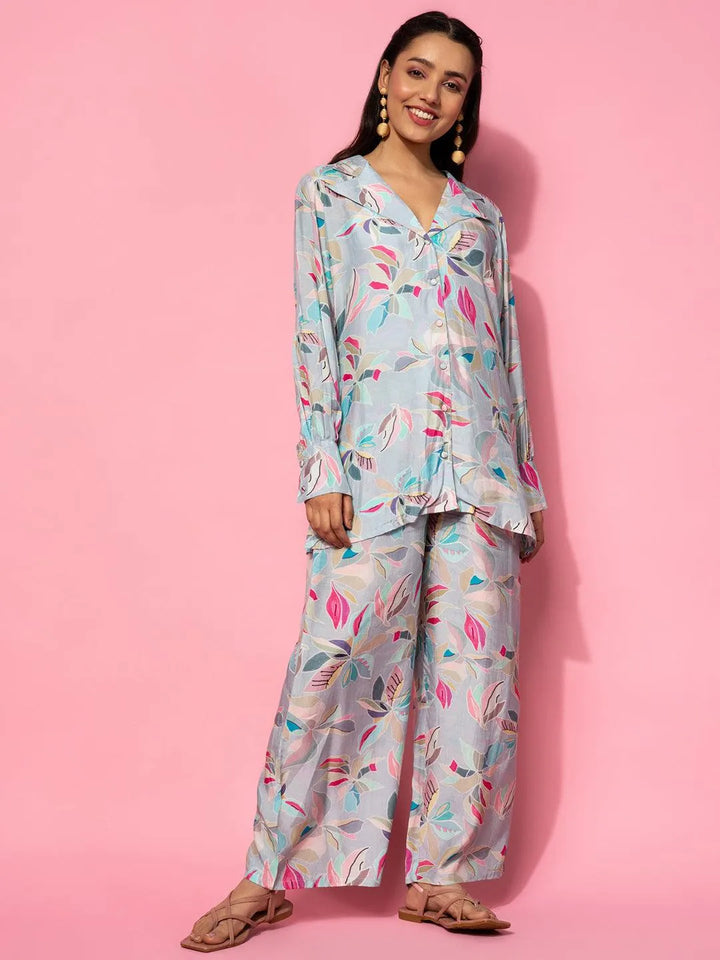 Grey Printed Silk Blend Co-Ords - Libas