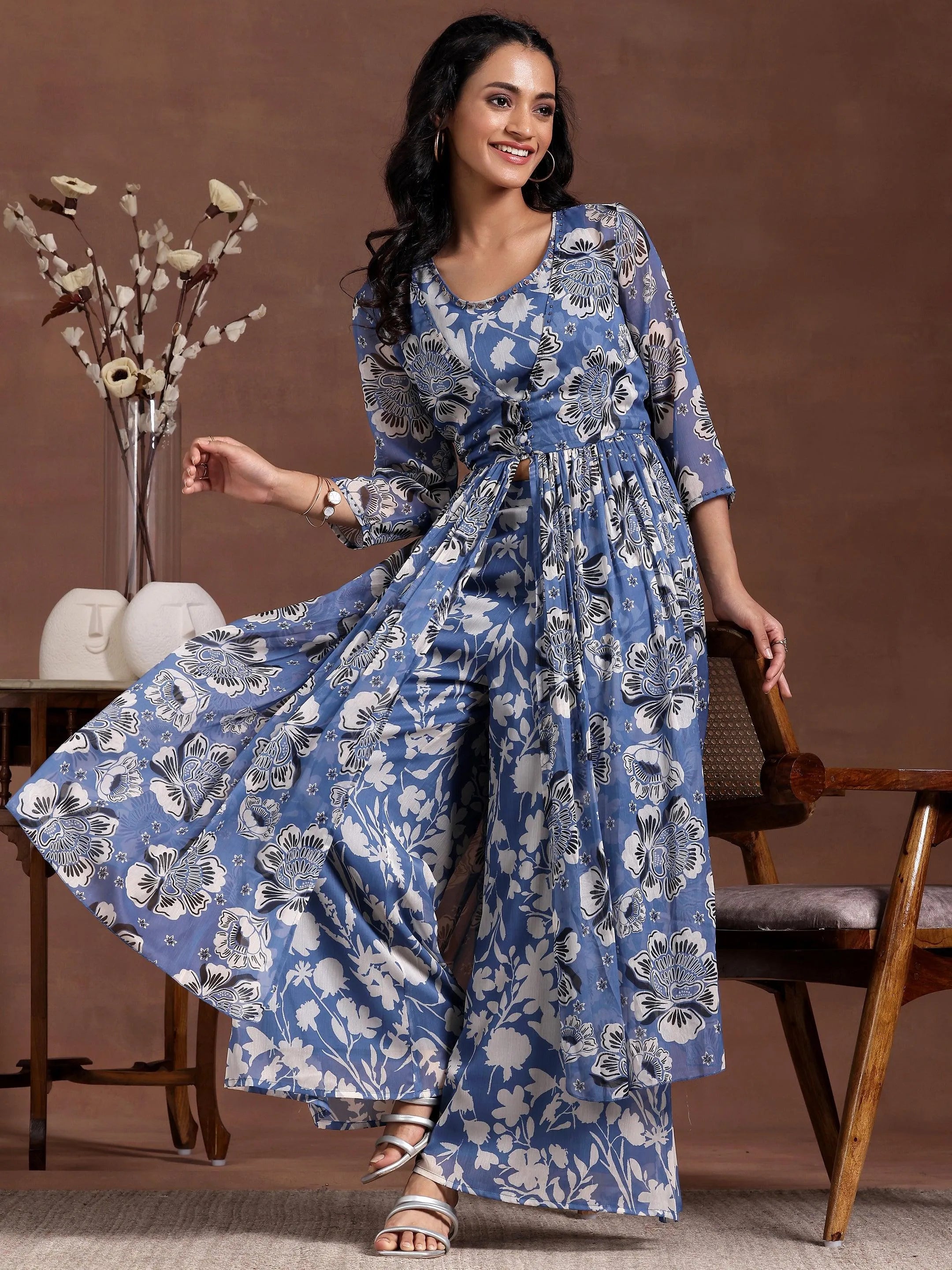Blue Printed Chiffon Co-Ords Online at Rs.2639 | Libas