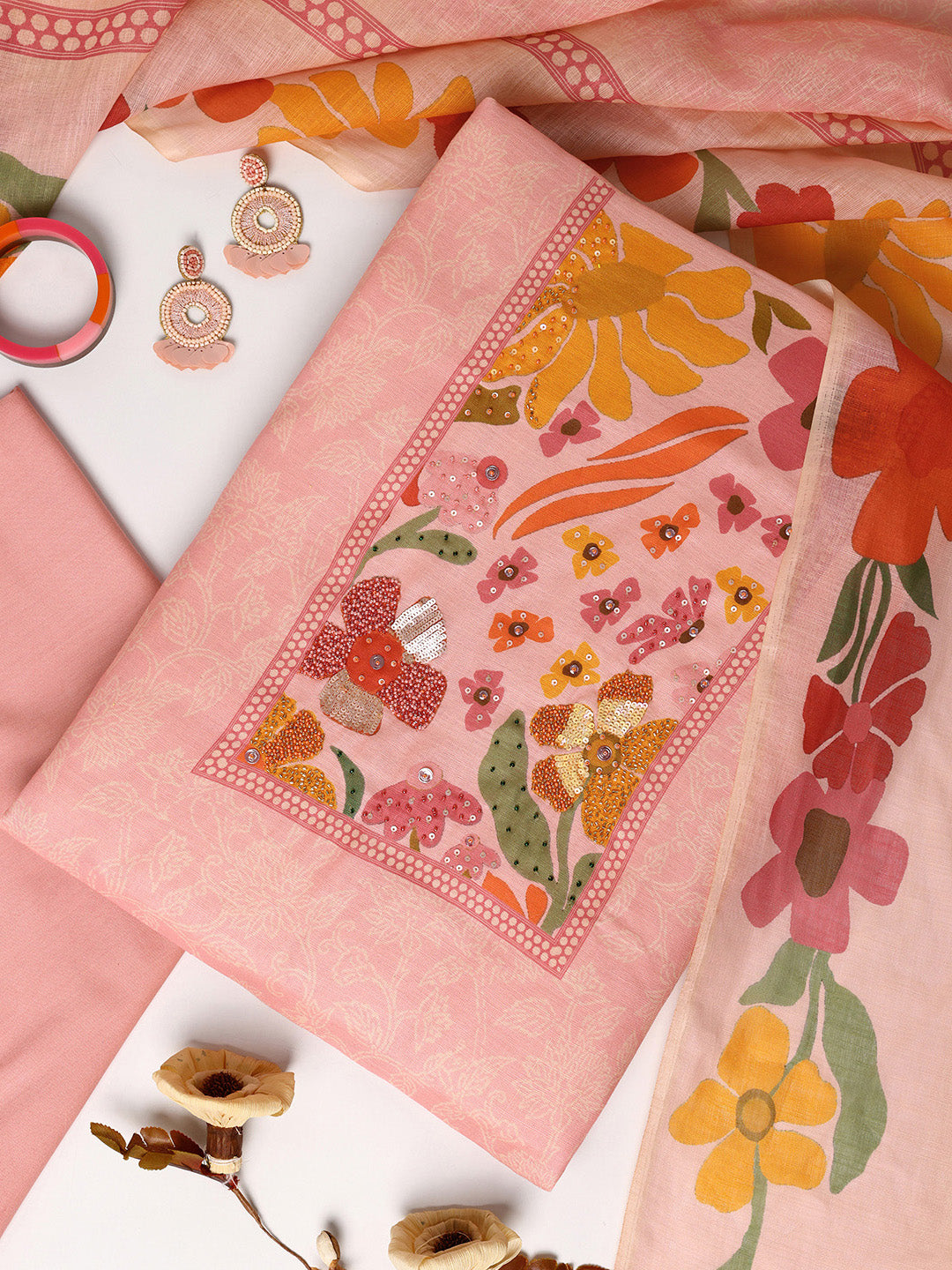 Pink Printed Cotton Blend Dress Material With Dupatta