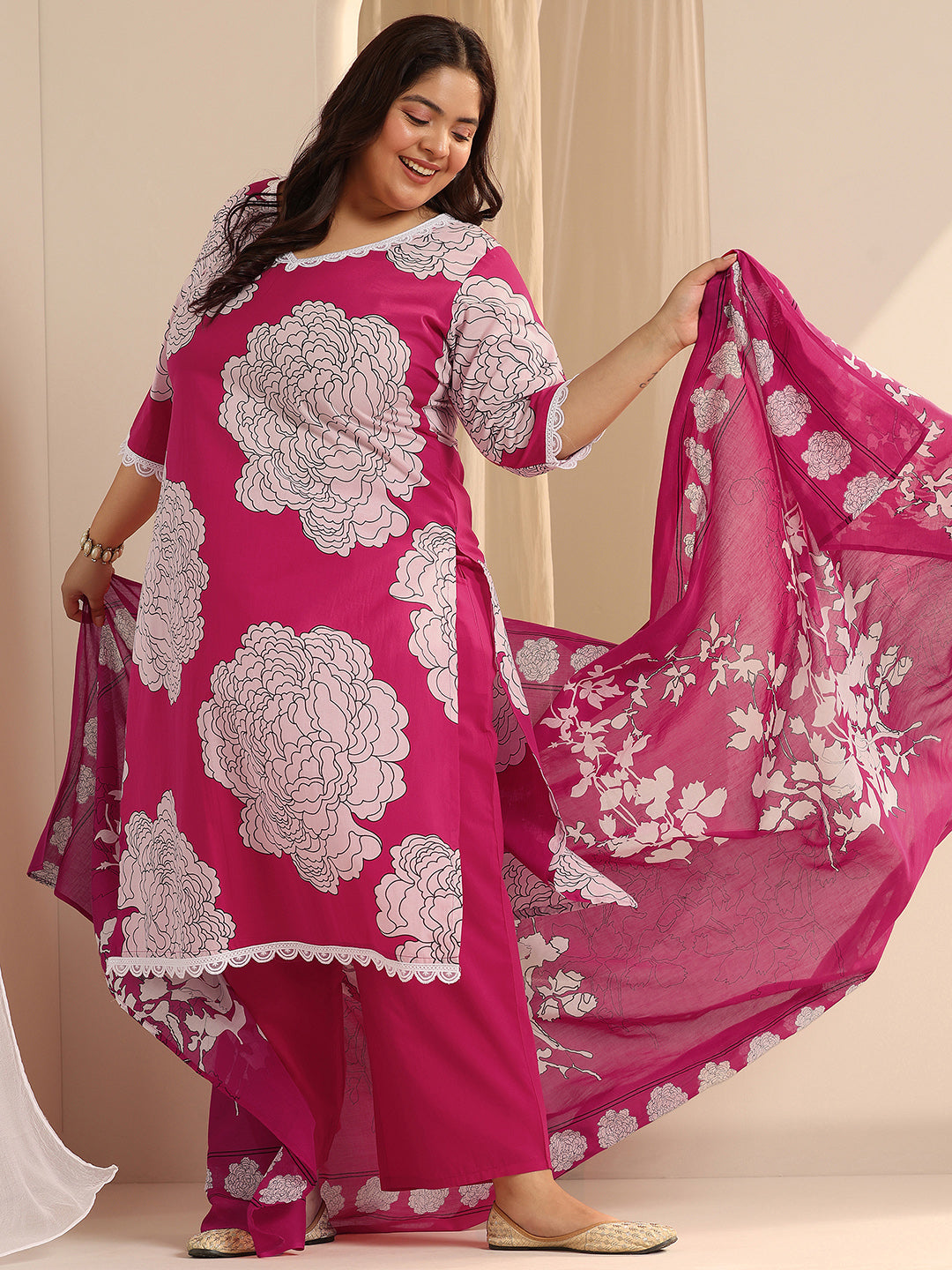 Plus Size Pink Printed Cotton Straight Suit Set With Dupatta