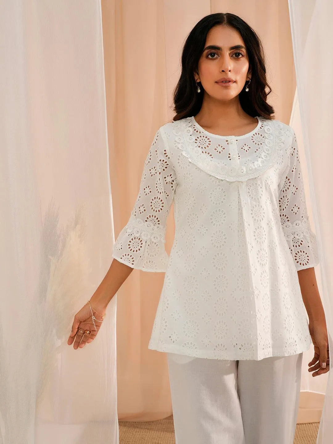 White Embroidered Cotton A-Line Kurti - Libas
