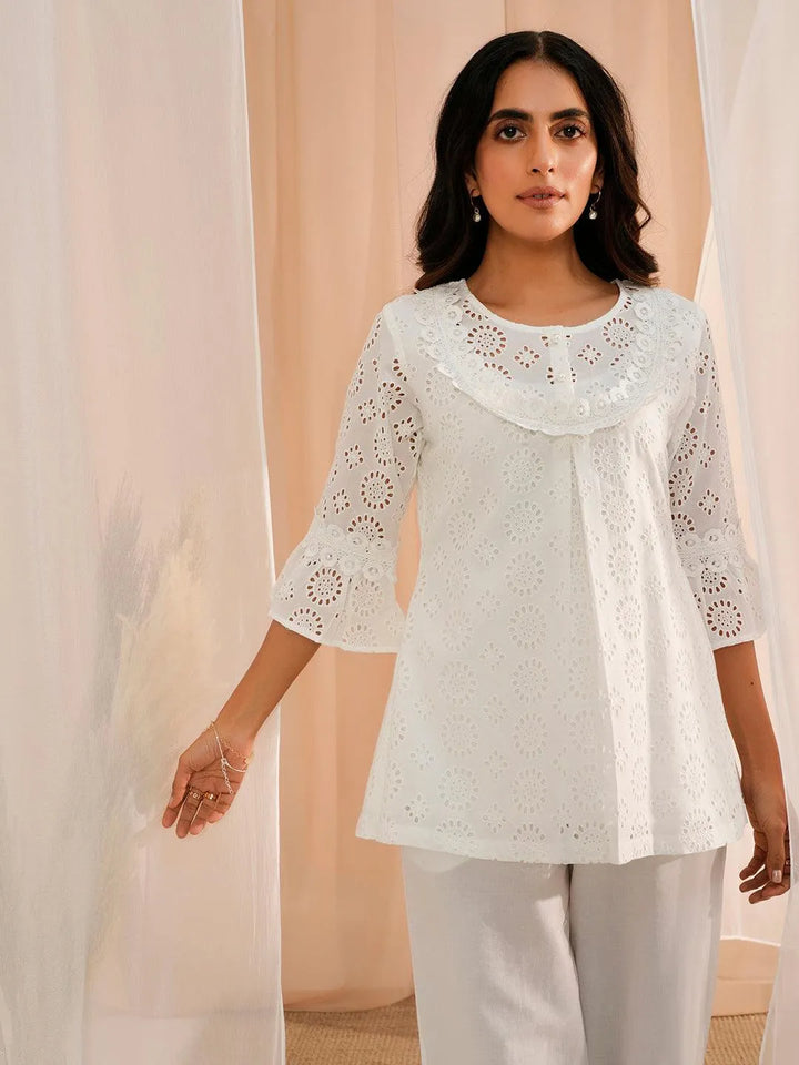 White Embroidered Cotton A-Line Kurti - Libas