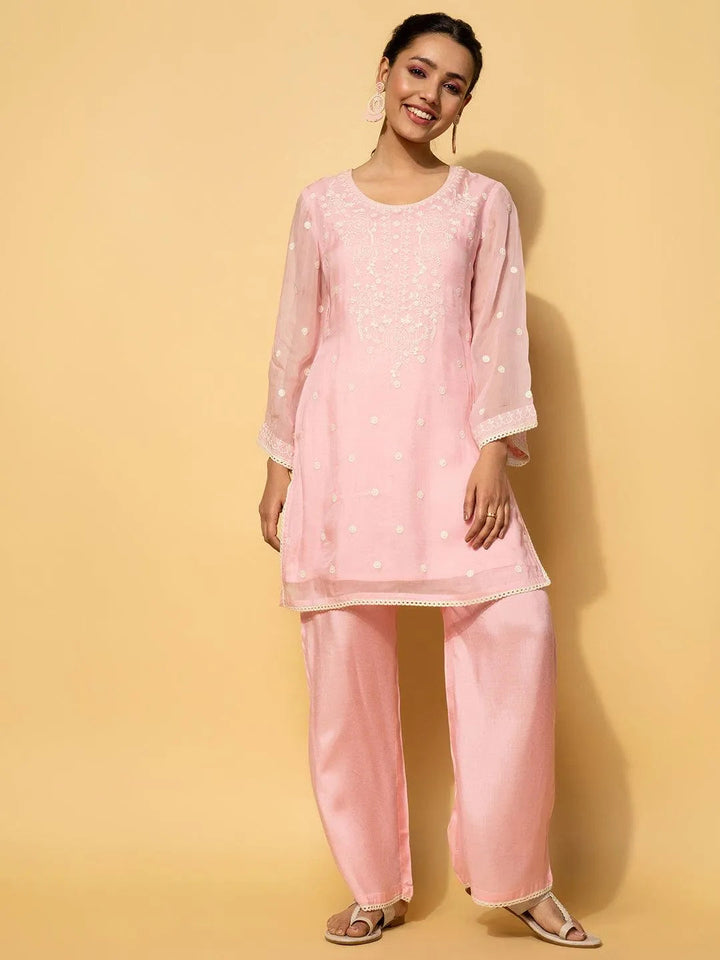Pink Embroidered Silk Blend Co-Ords - Libas