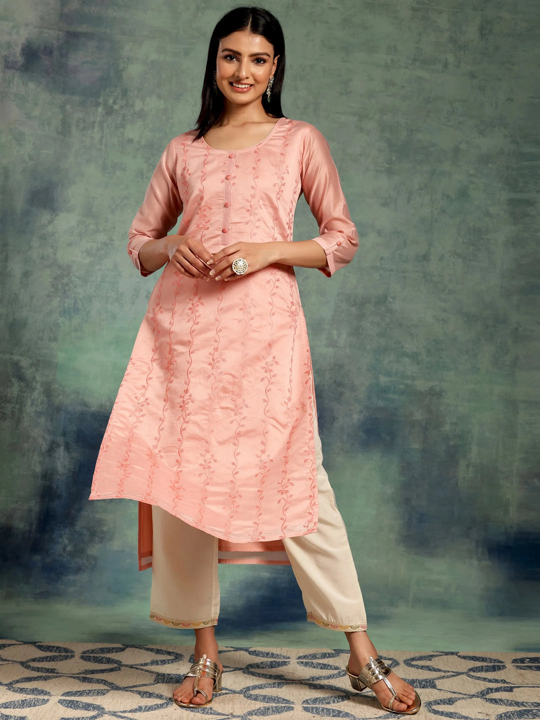 Peach Embroidered Chanderi Silk Straight Kurta