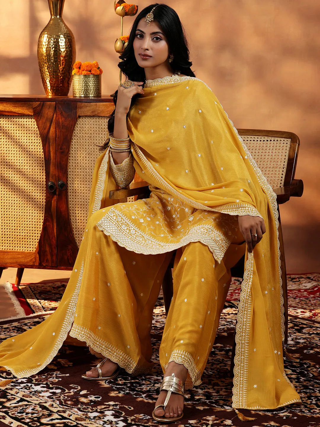 Mustard Embroidered Silk Blend Straight Suit With Dupatta Online at Rs.2399 | Libas