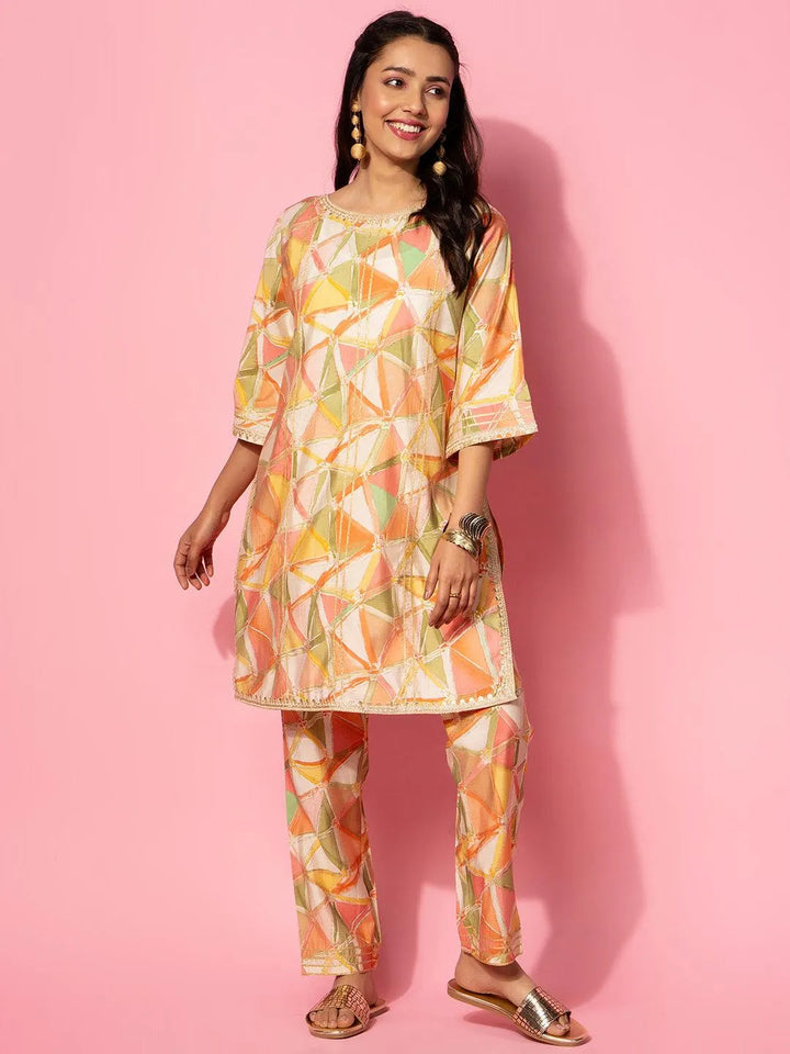 Peach Printed Silk Blend Co-Ords - Libas