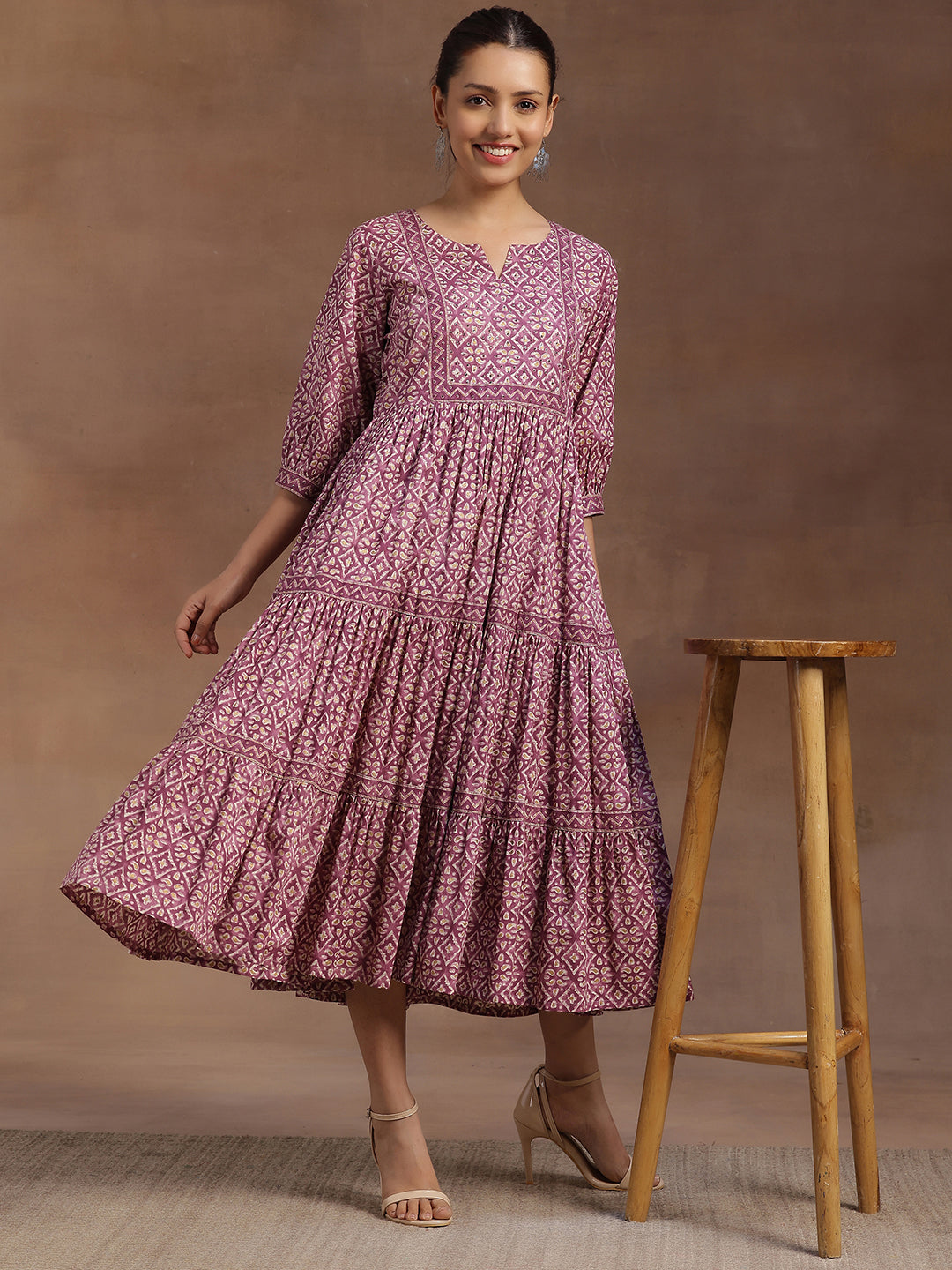 Buy Purple Printed Cotton Tiered A-Line One Piece Dress Online at Rs.1169