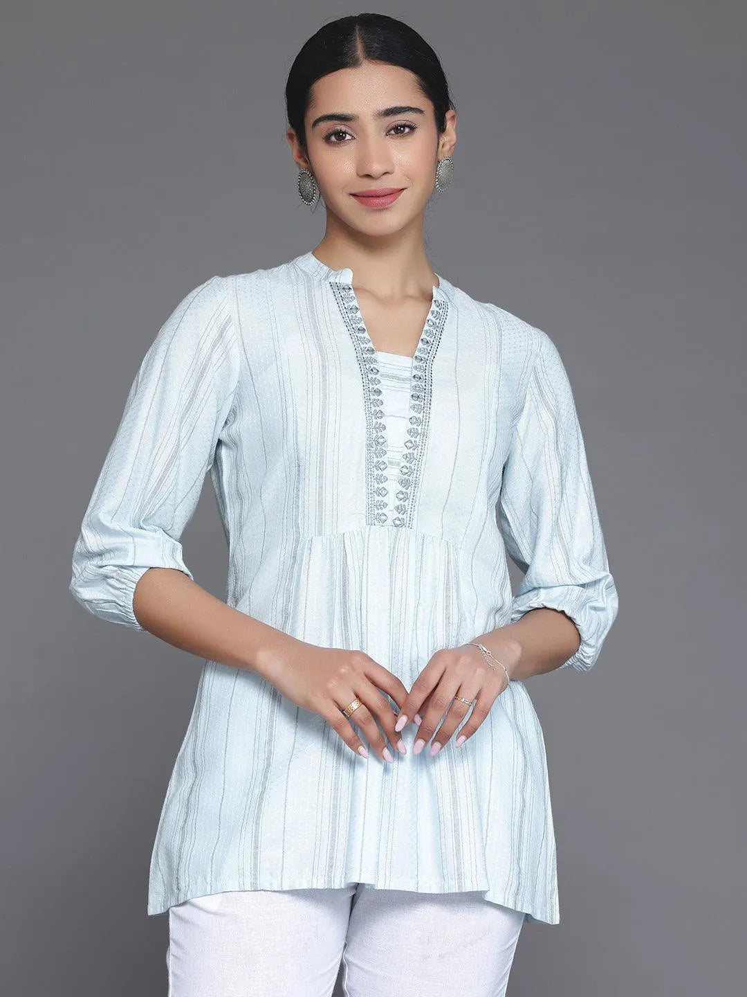Blue Woven Design Cotton Blend Straight Kurti - Libas