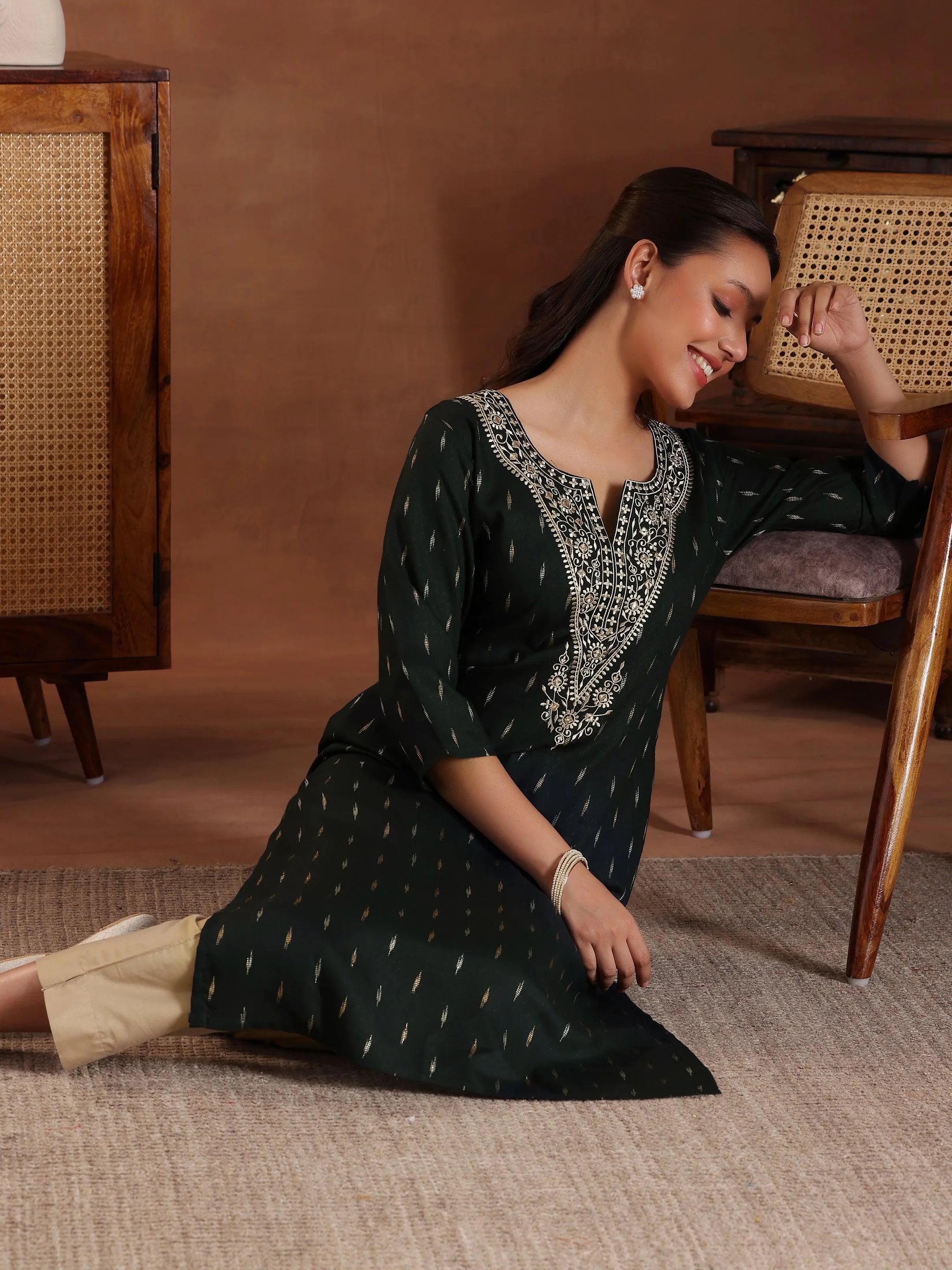 Grey Woven Design Straight Kurtas