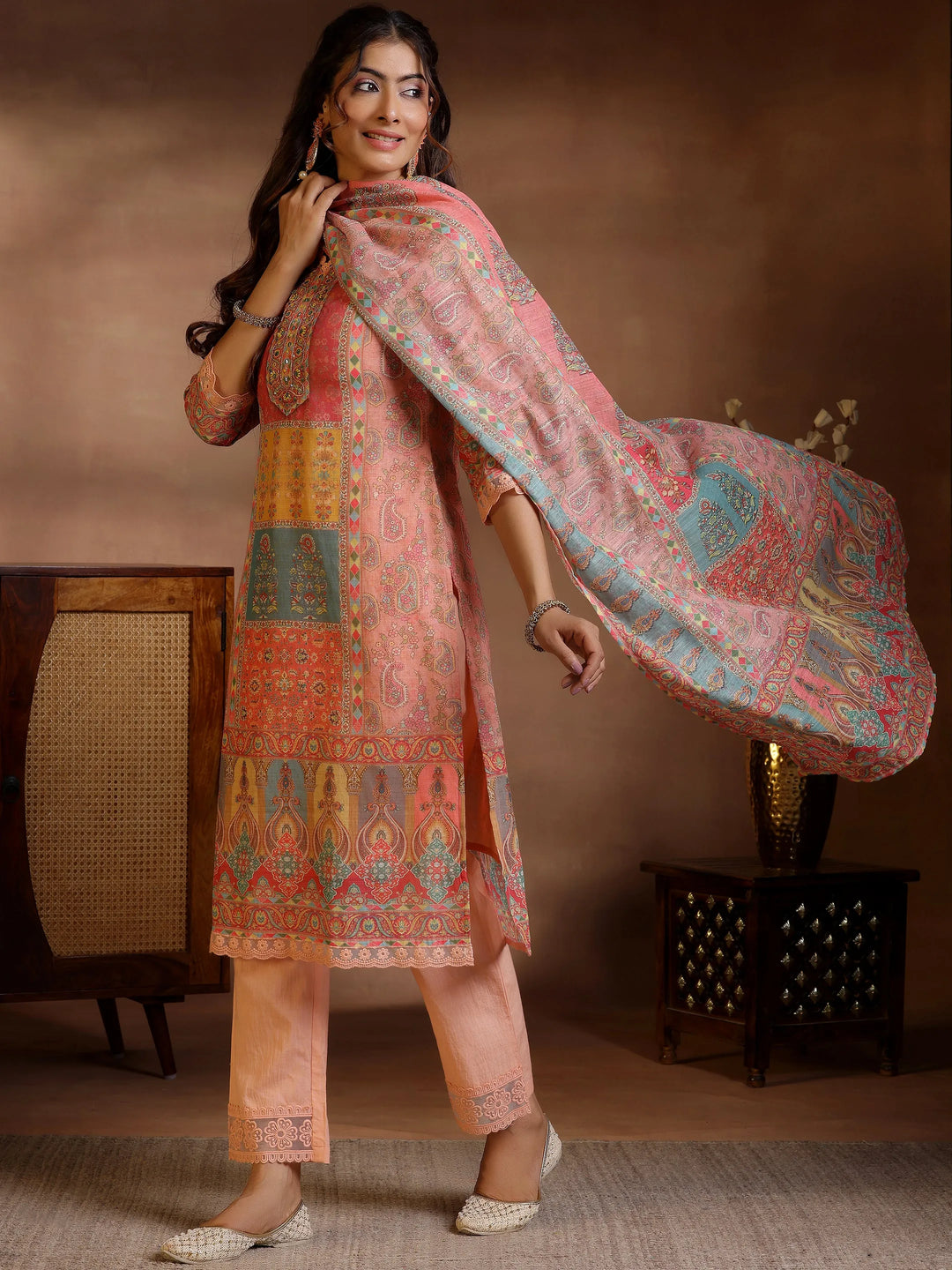 Peach Printed Cotton Blend Straight Suit With Dupatta