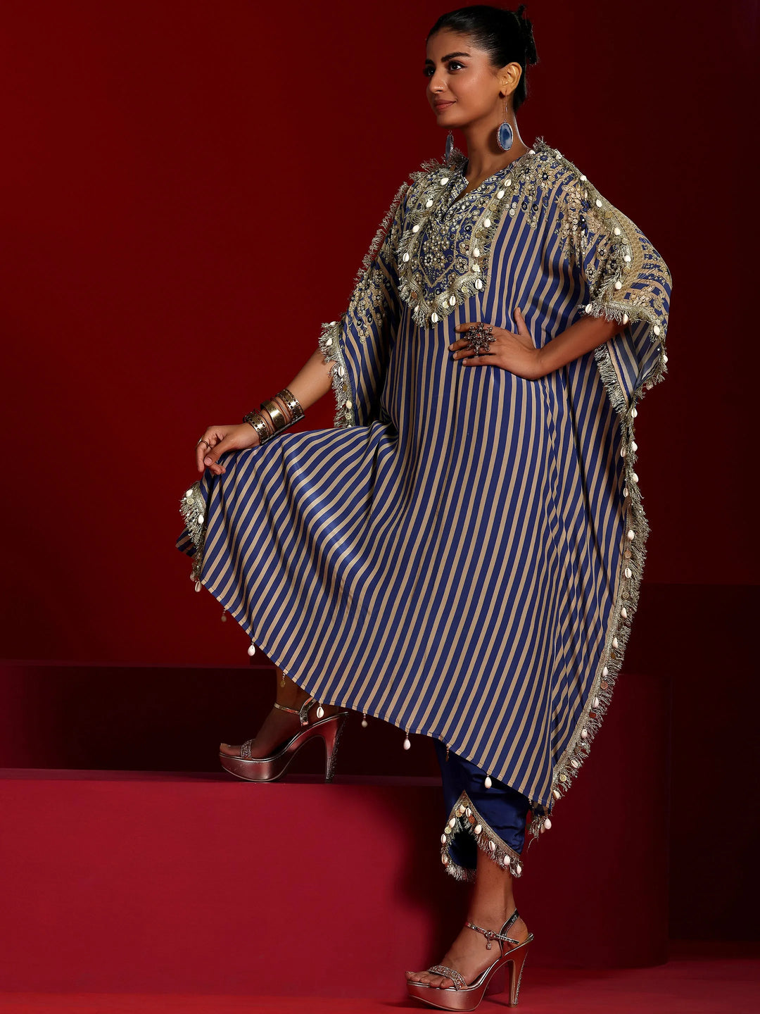 Libas Art Blue Striped Silk Blend Co-Ords