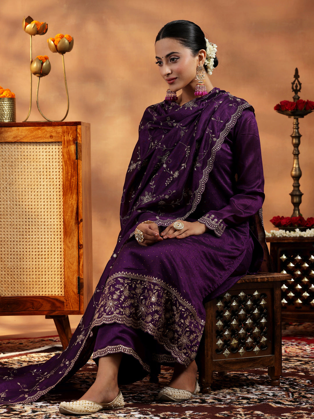 Burgundy Embroidered Silk Blend Straight Suit With Dupatta