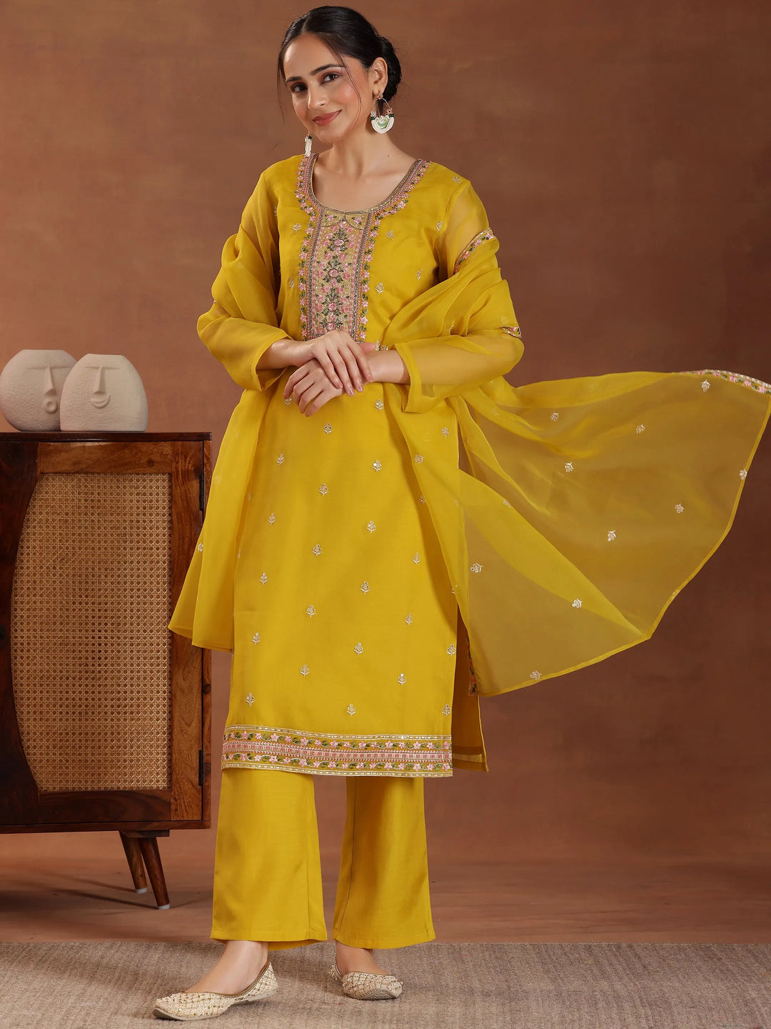 Mustard Embroidered Organza Straight Suit With Dupatta