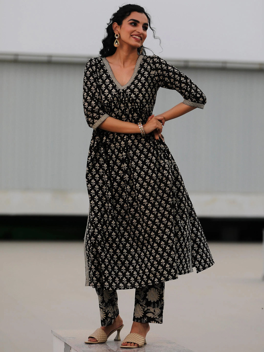 Black Printed Cotton A-Line Kurta With Palazzos - Libas