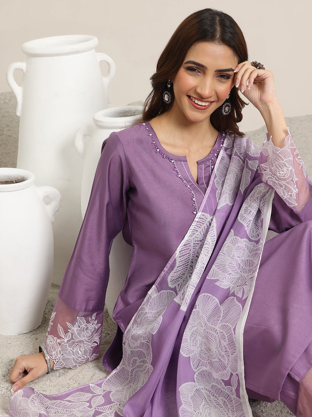 Buy Purple Yoke Design Silk Blend Straight Suit Set With Dupatta