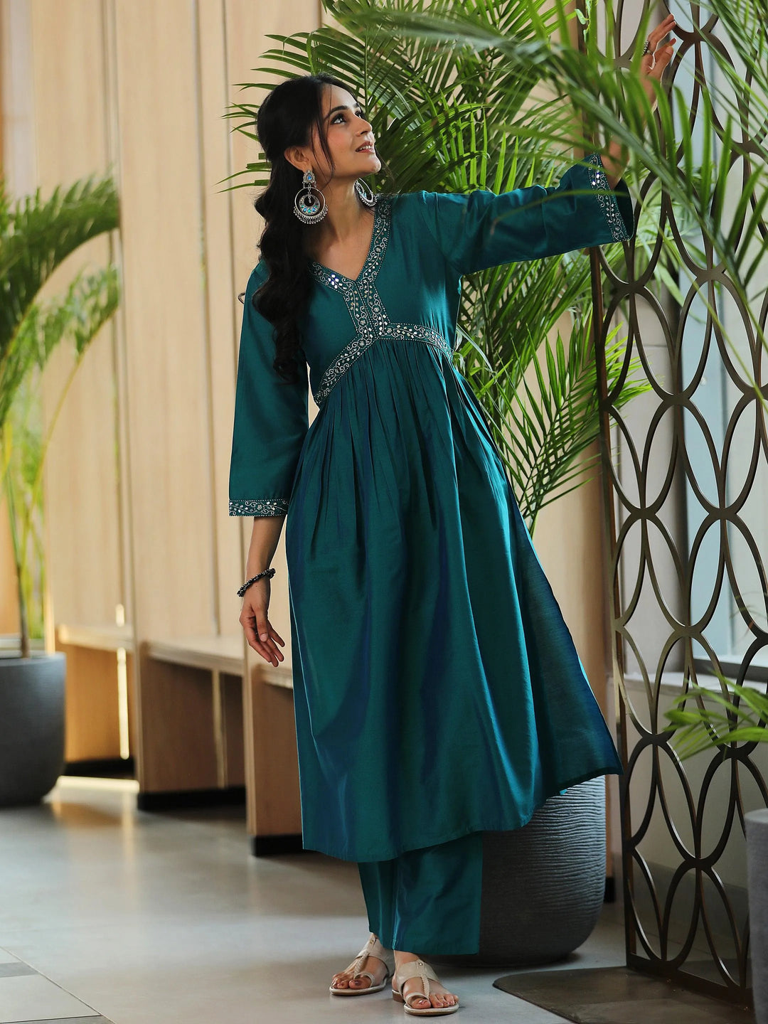 Teal Blue Solid Silk Blend A-Line Kurta With Trousers - Libas