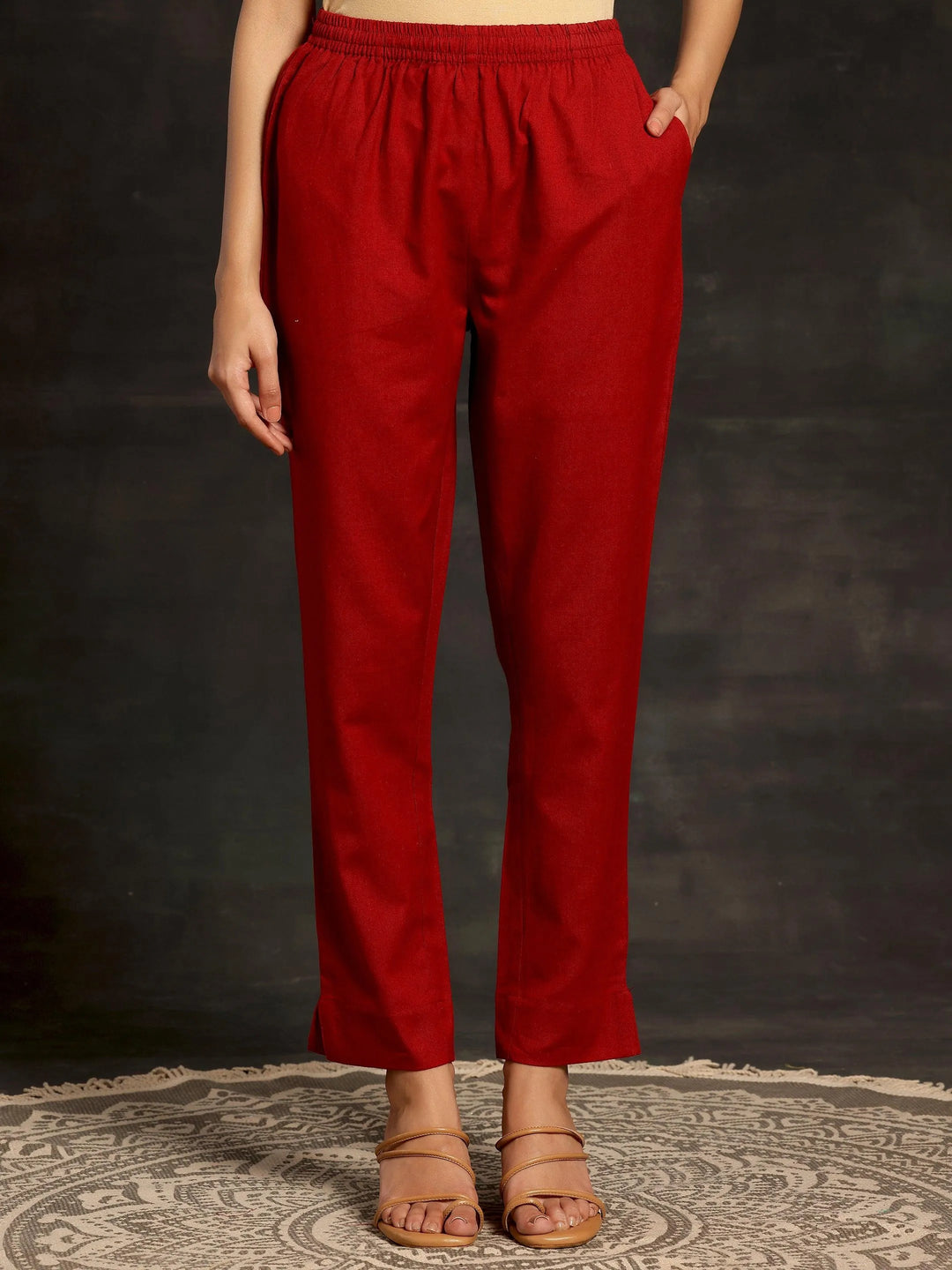 Maroon Solid Cotton Straight Fit Trousers - Libas
