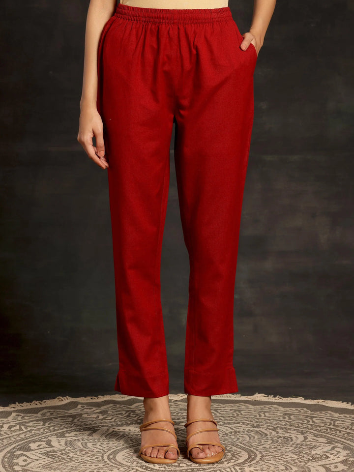 Maroon Solid Cotton Straight Fit Trousers - Libas
