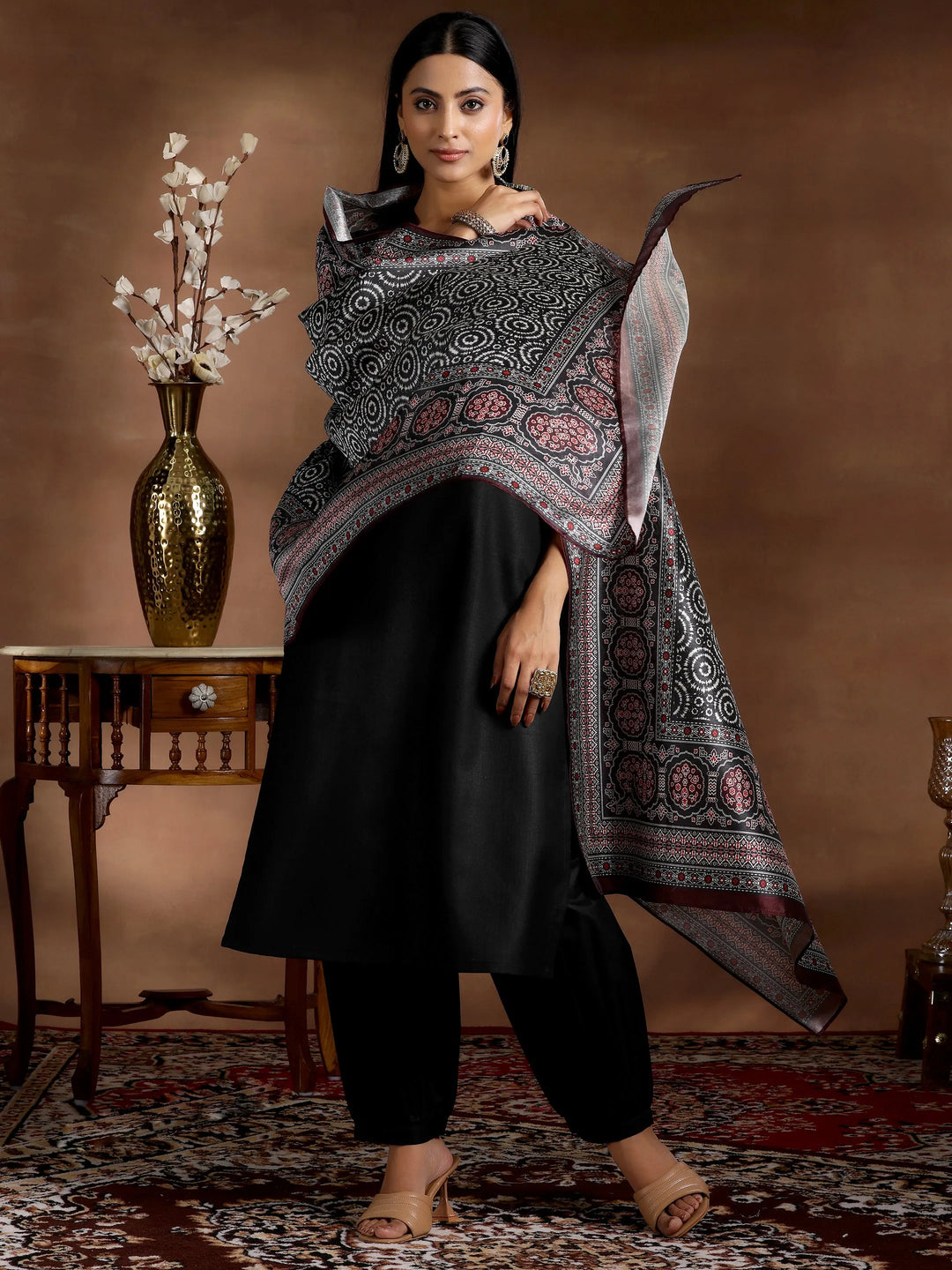 Black Solid Cotton Blend Straight Suit With Dupatta