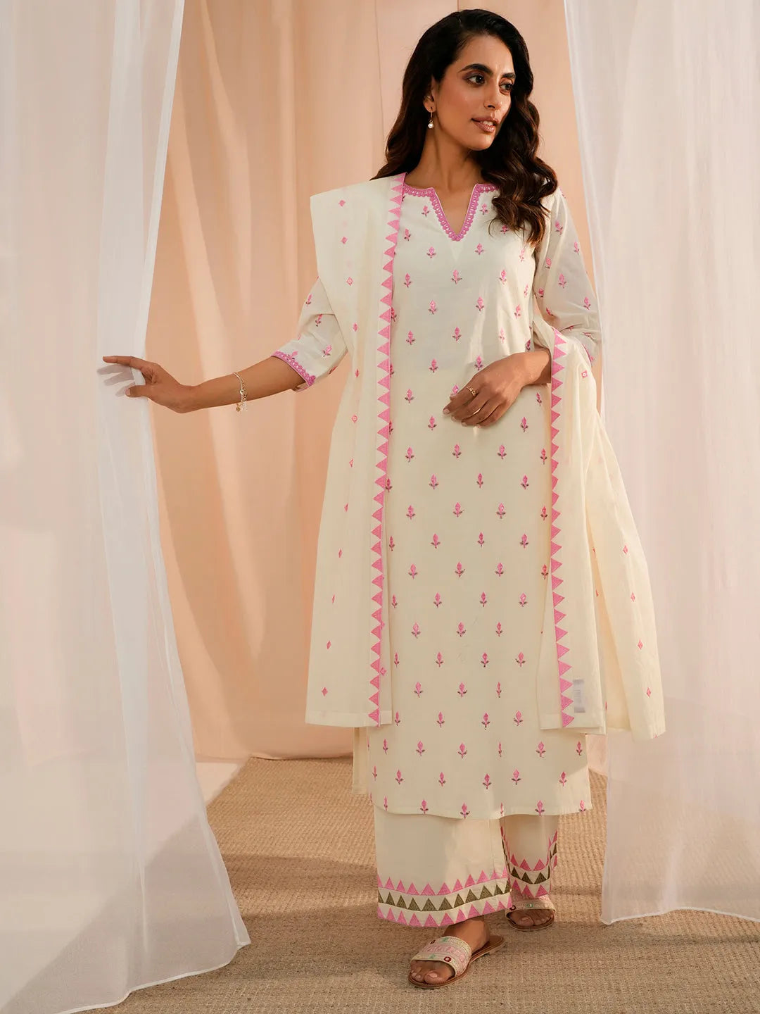 Off White Embroidered Cotton Straight Suit With Dupatta