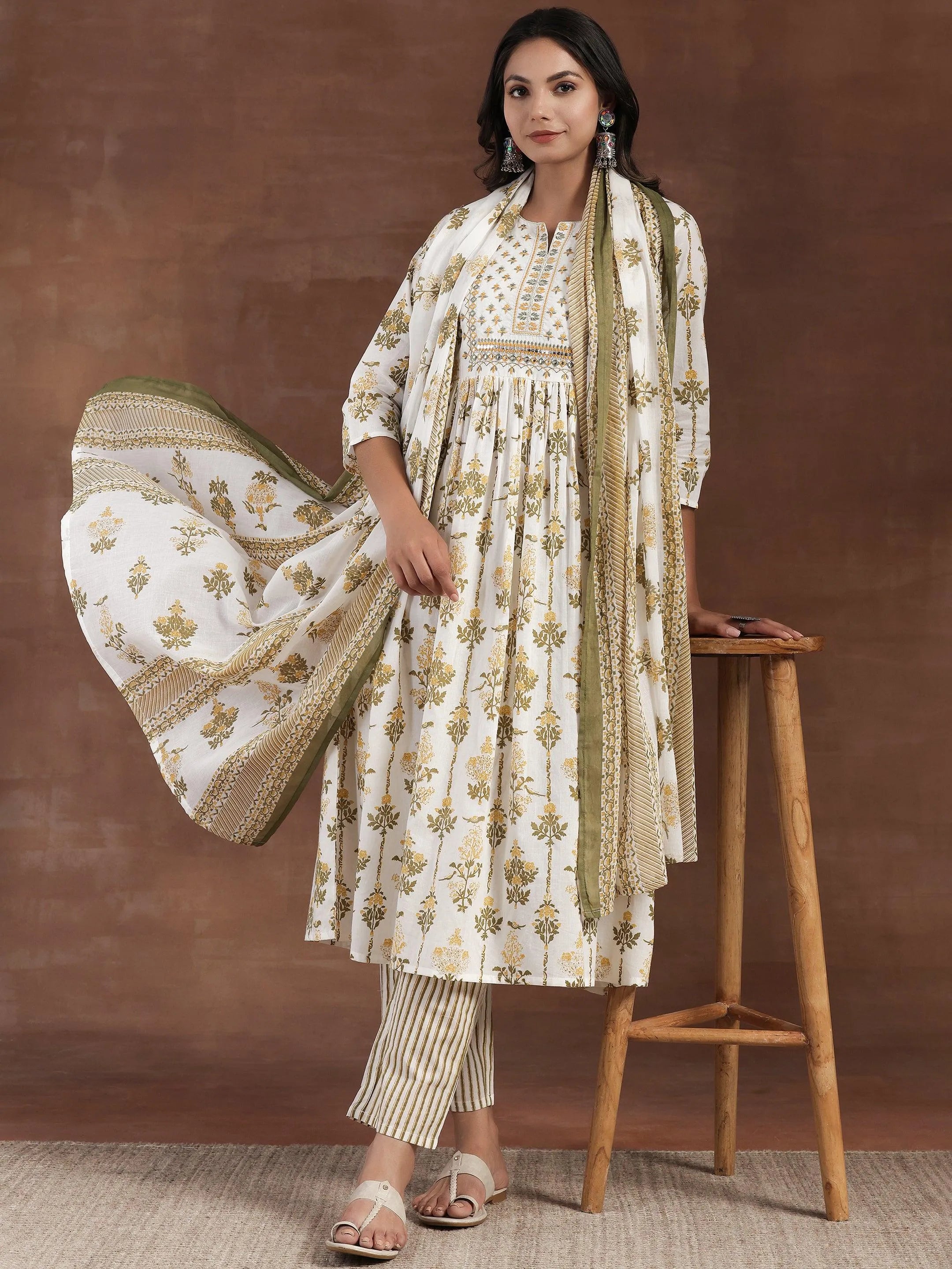 Black Printed Cotton Anarkali Suit With Dupatta