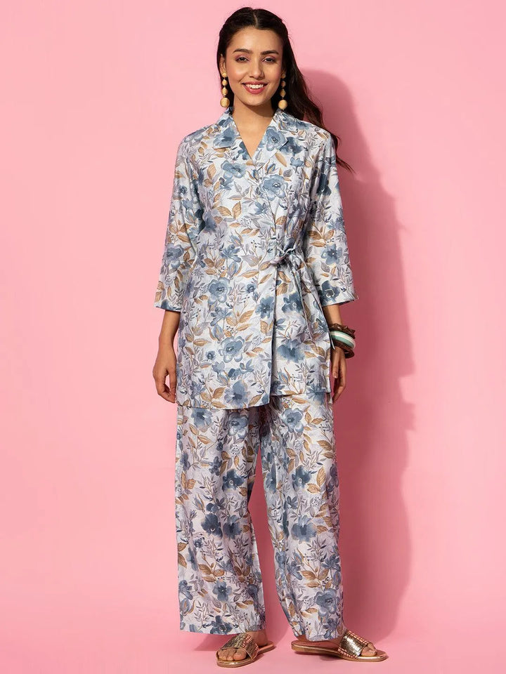 Grey Printed Silk Blend Co-Ords - Libas