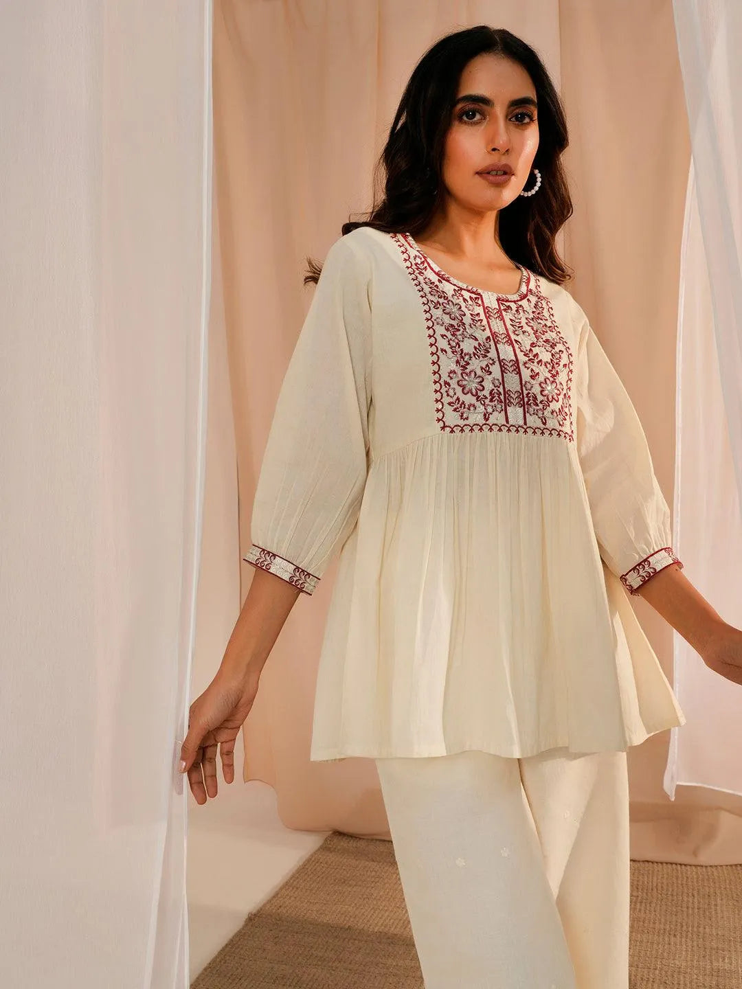Off White Yoke Design Cotton A-Line Kurti - Libas
