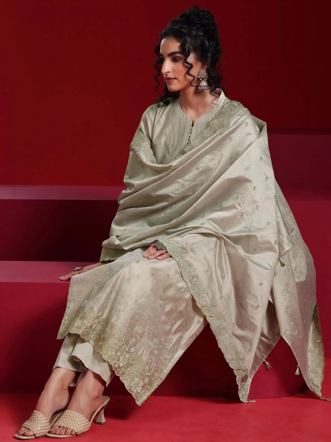 Libas Art Grey Embroidered Chanderi Silk Straight Suit With Dupatta