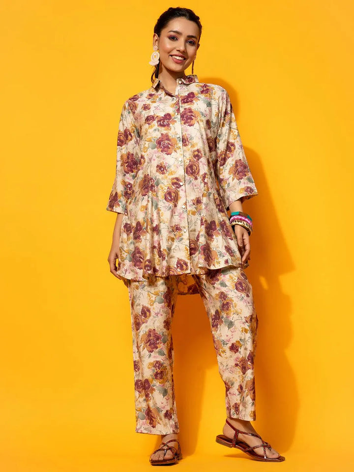 Beige Printed Silk Blend Co-Ords - Libas