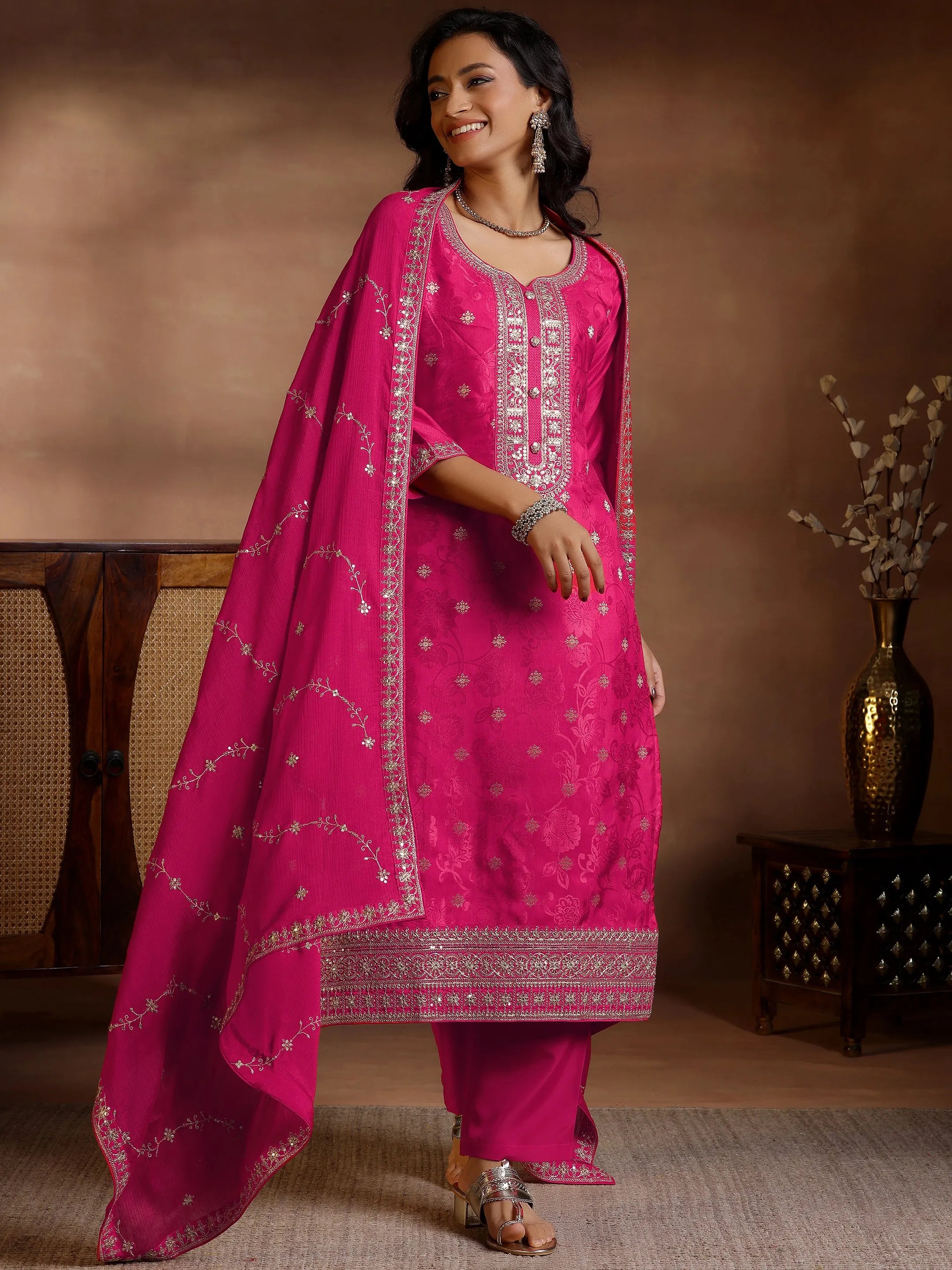 Pink Woven Design Silk Blend Straight Suit With Dupatta Online at Rs.2519 | Libas