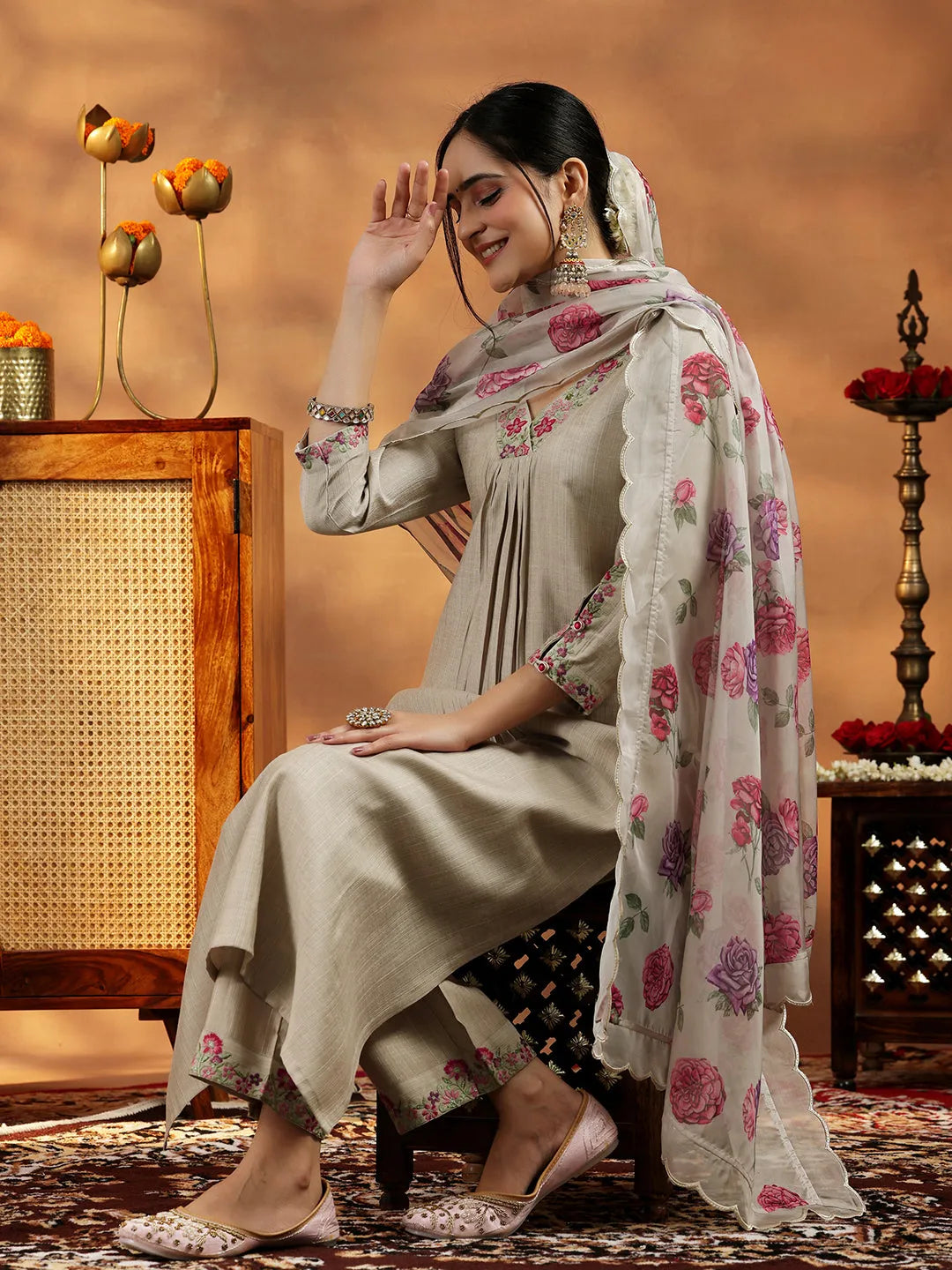 Buy Beige Yoke Design Silk Blend Straight Suit With Dupatta Online