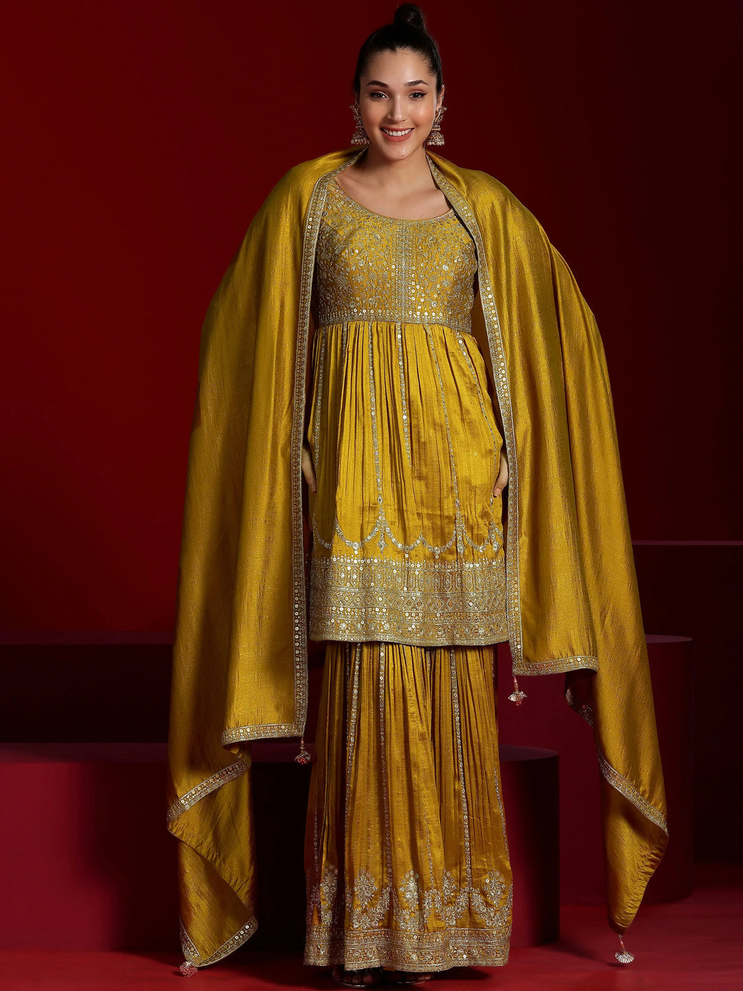 Libas Art Mustard Embroidered Silk Blend Straight Suit With Dupatta