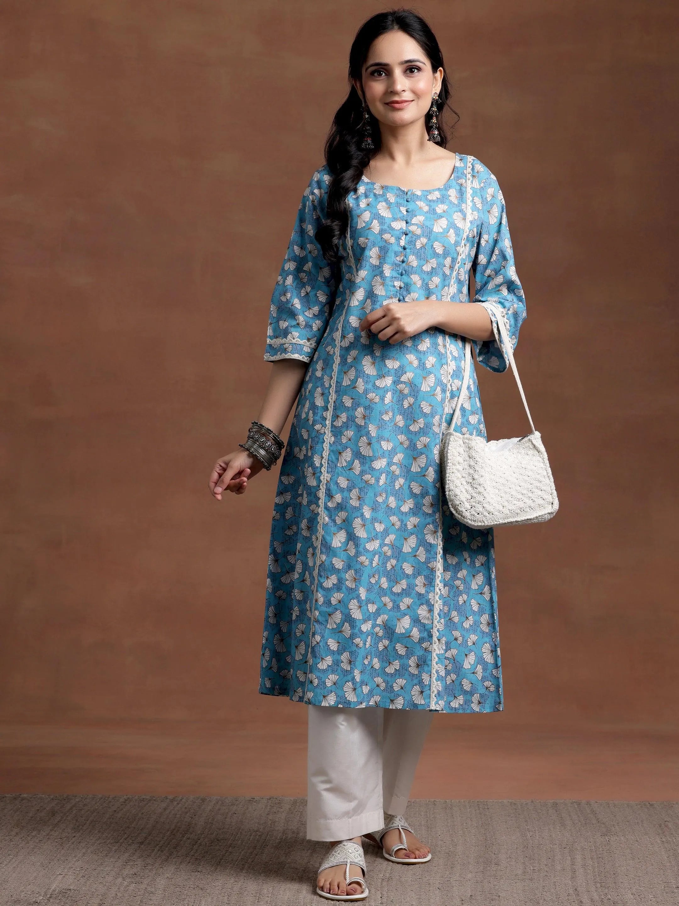 Blue Printed Cotton A-Line Kurta Online at Rs.934 | Libas