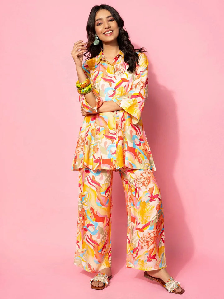 Multicoloured Printed Silk Blend Co-Ords - Libas