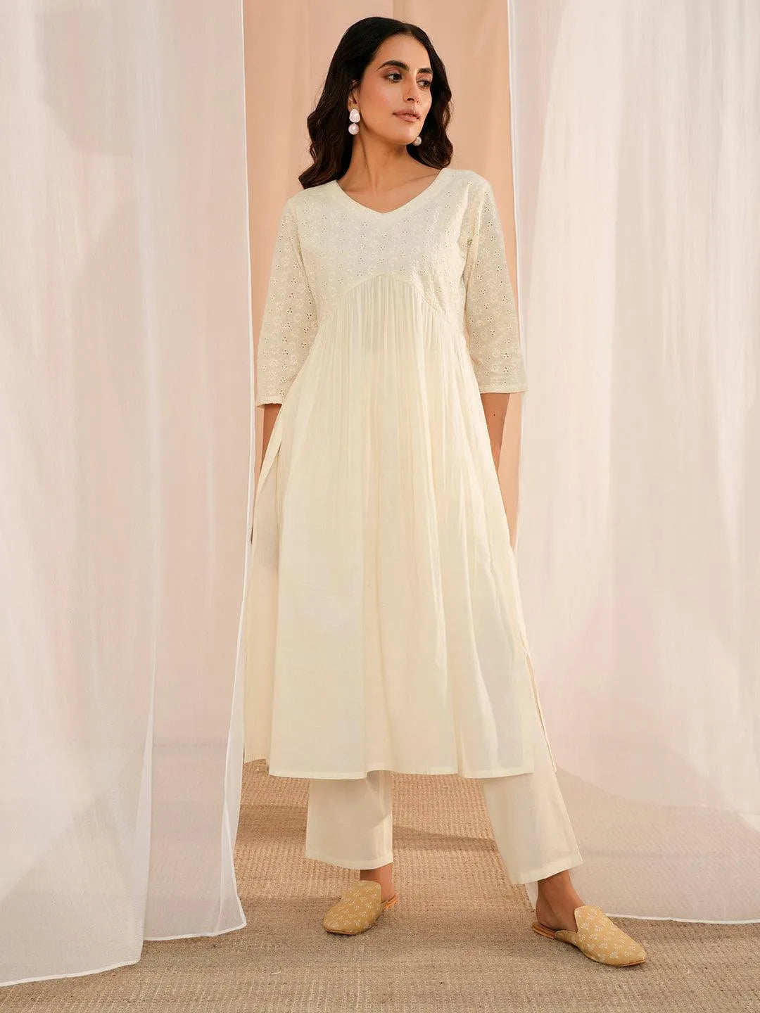 Libas Off White Embroidered Cotton Straight Kurta Set