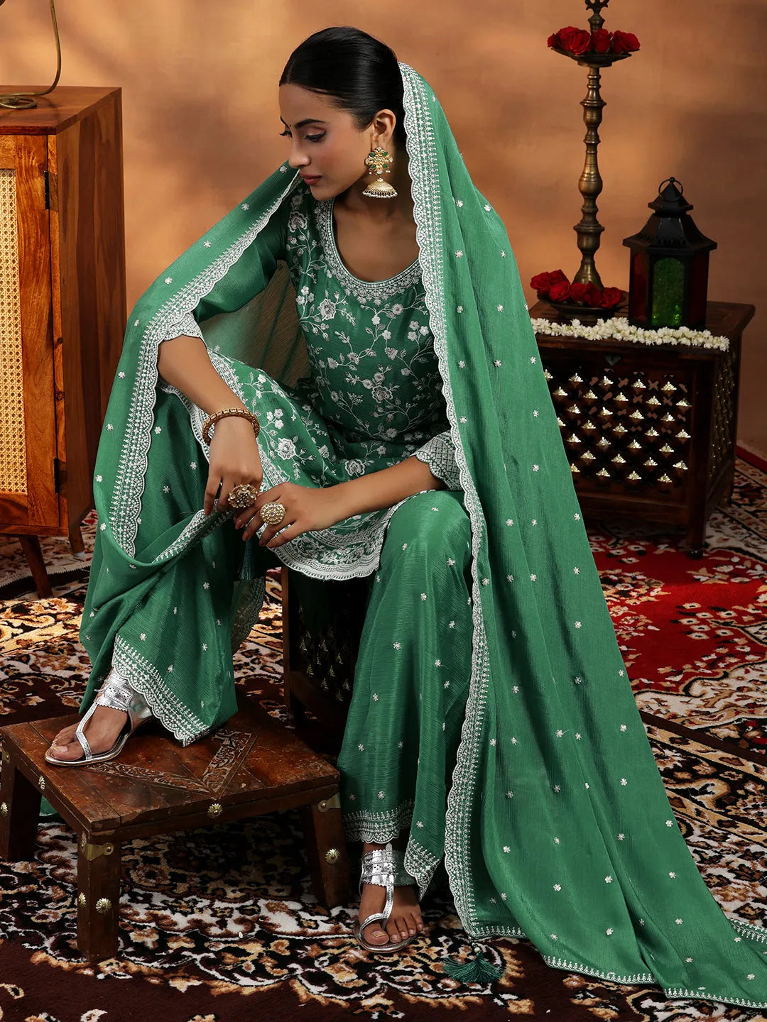 Green Embroidered Silk Blend Straight Suit With Dupatta Online at Rs.2399 | Libas