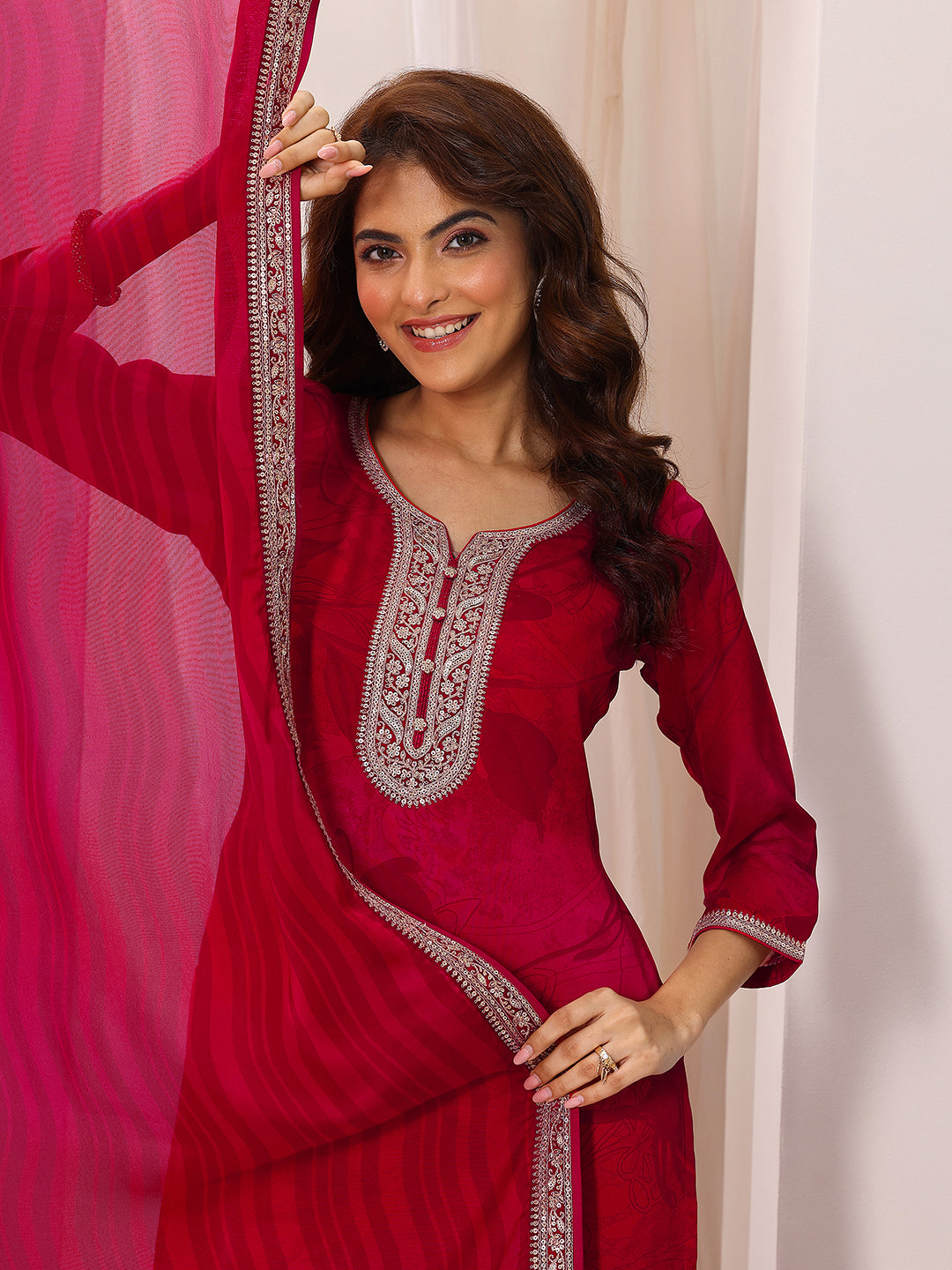 Buy Red Printed Silk Chiffon Straight Suit Set With Dupatta Online