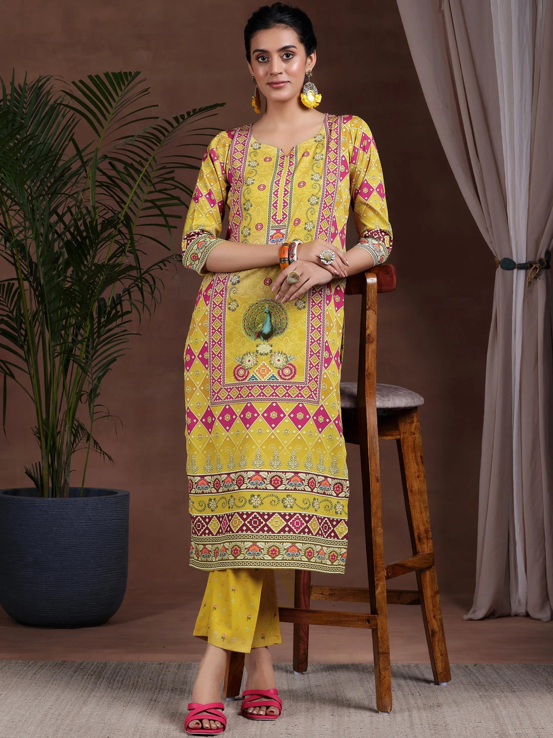 Mustard Printed Poly Crepe Straight Kurta Set