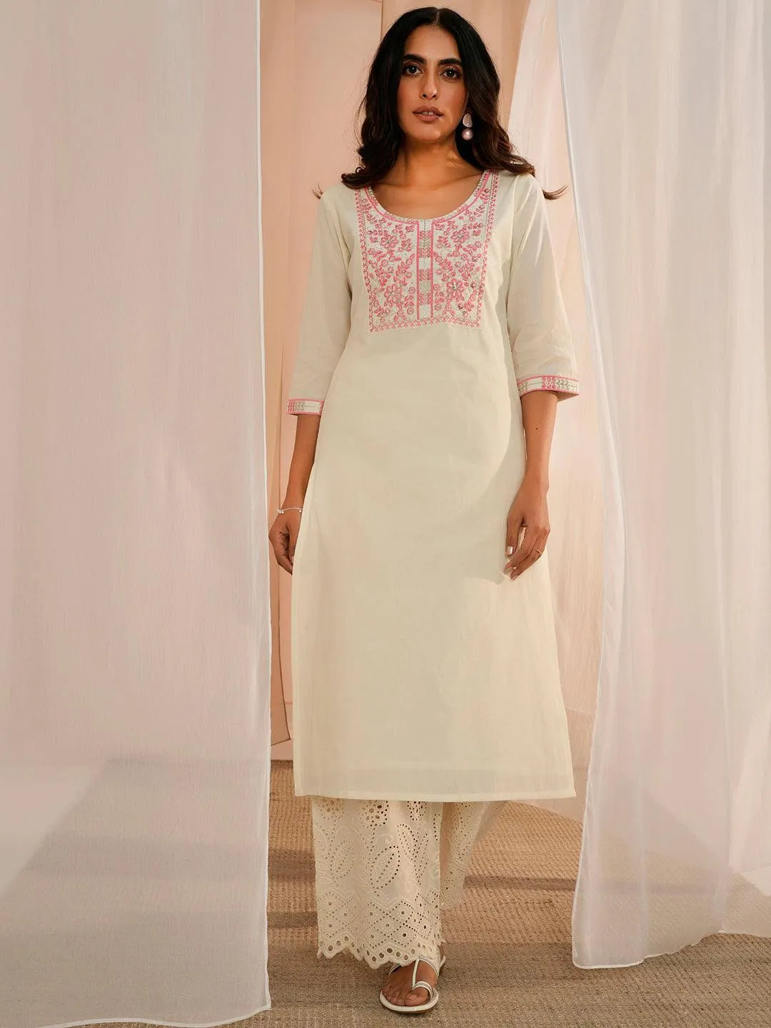 Off White Yoke Design Cotton Straight Kurta - Libas