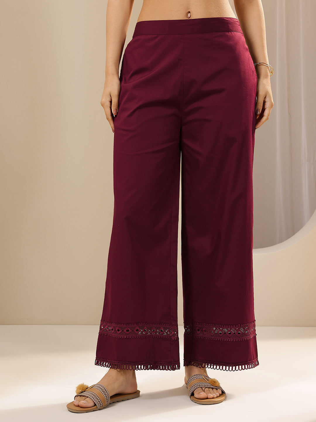 Maroon Solid Cotton Palazzos