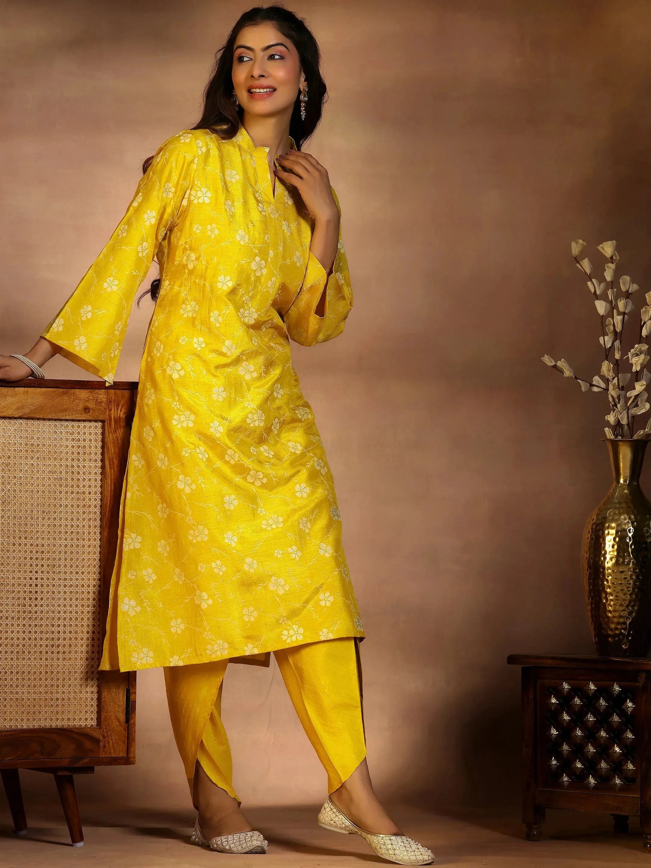 MIMOSA Women's Mustard Yellow Printed Straight Kurta - Round Neck, 3/4 Sleeves, Calf Length - View #9