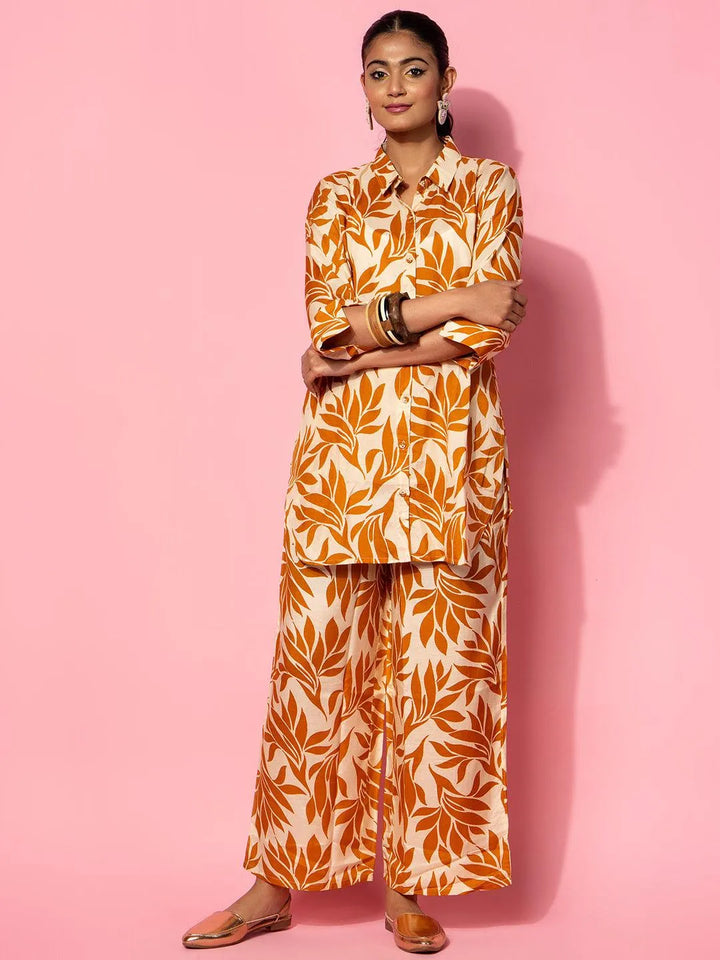 Beige Printed Silk Blend Co-Ords - Libas