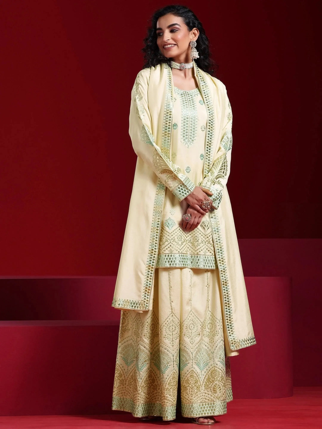Libas Art Beige Embroidered Silk Blend Straight Suit With Dupatta