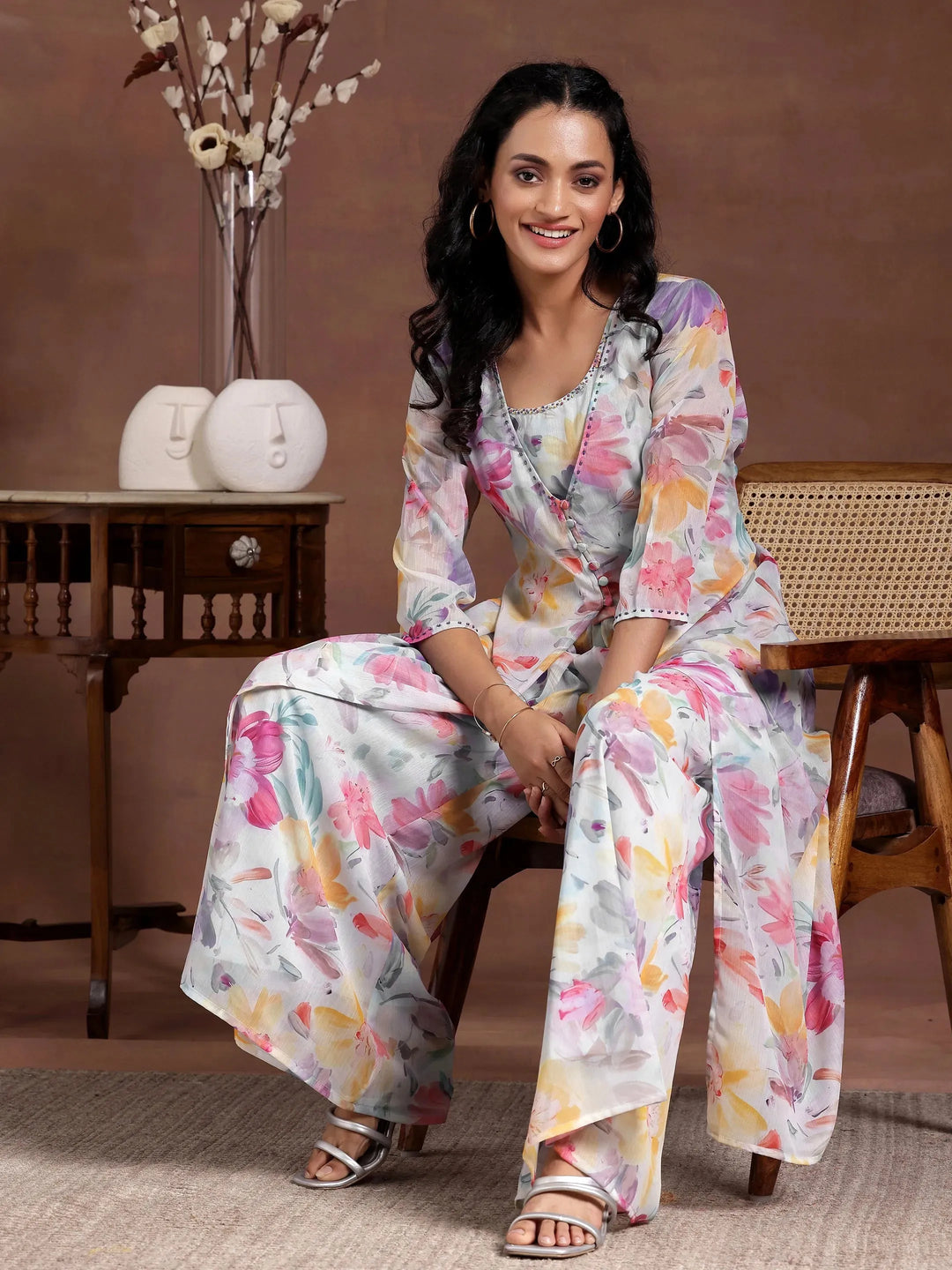 Blue Printed Chiffon 3 Piece Co-Ords