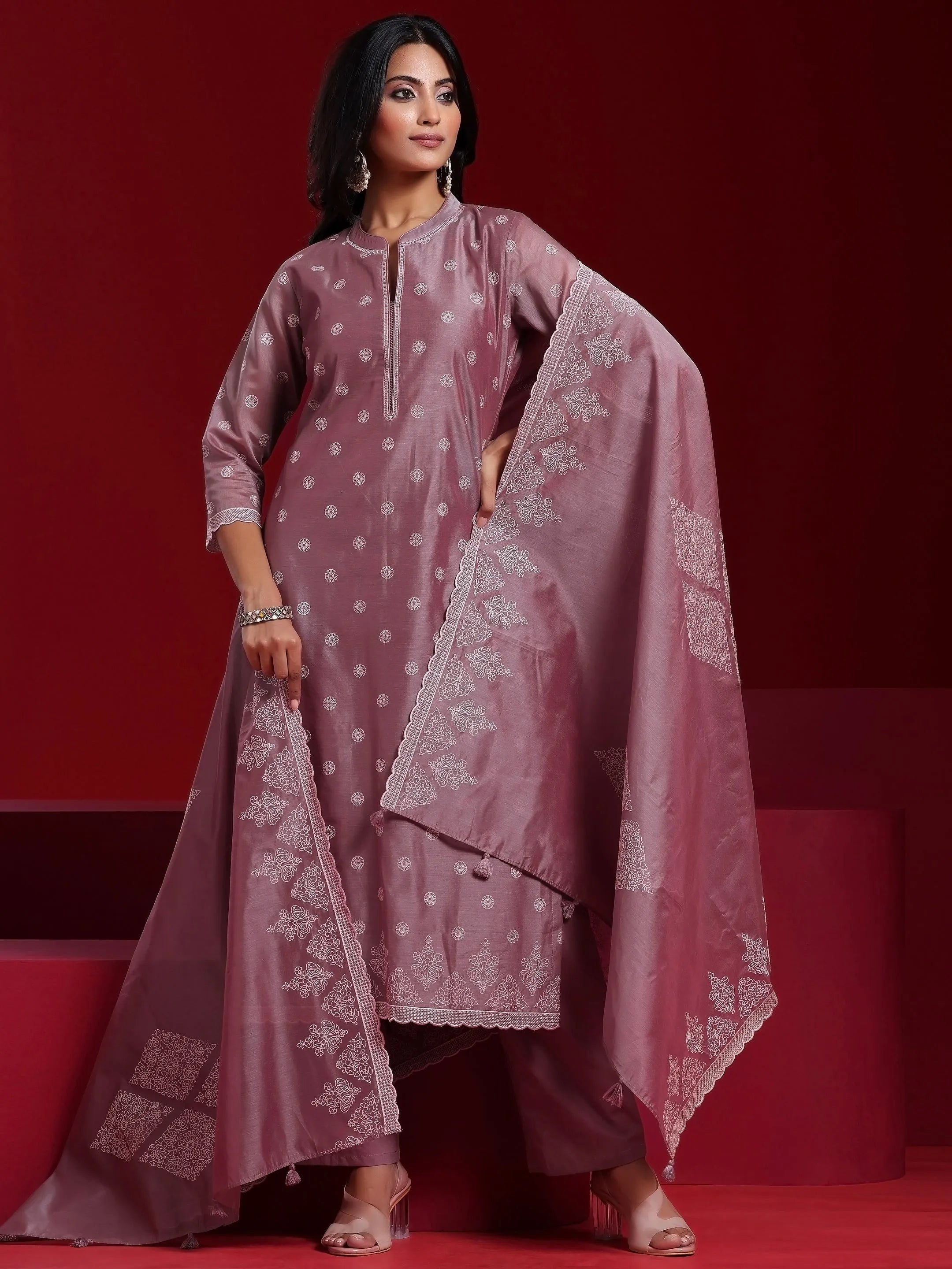 Libas Art Purple Embroidered Silk Blend Straight Suit With Dupatta